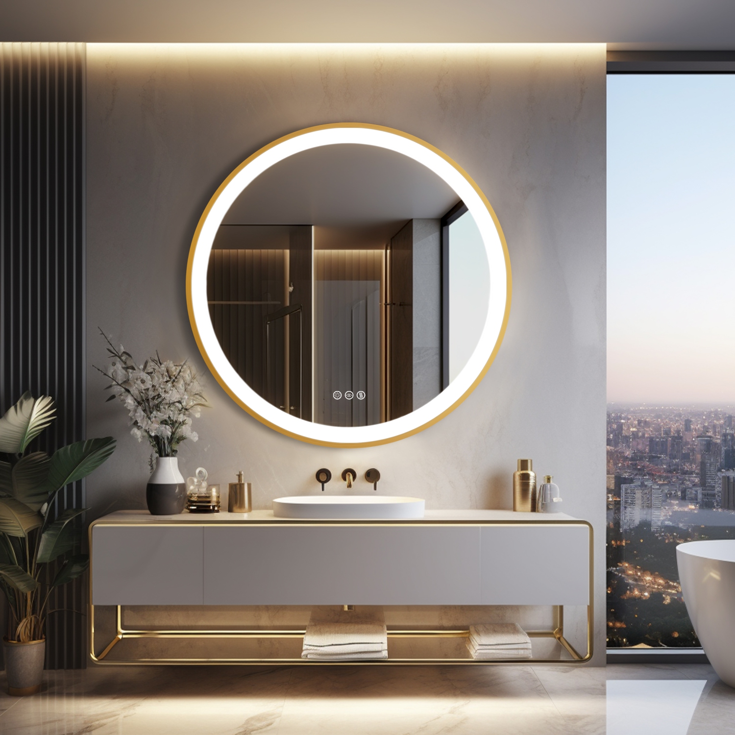 24 Inch Round LED Bathroom Mirror with Lights, Front Lit Makeup Vanity Mirror with Gold Aluminium Frame, Anti-Fog, Stepless Dimmable, 3 Colors