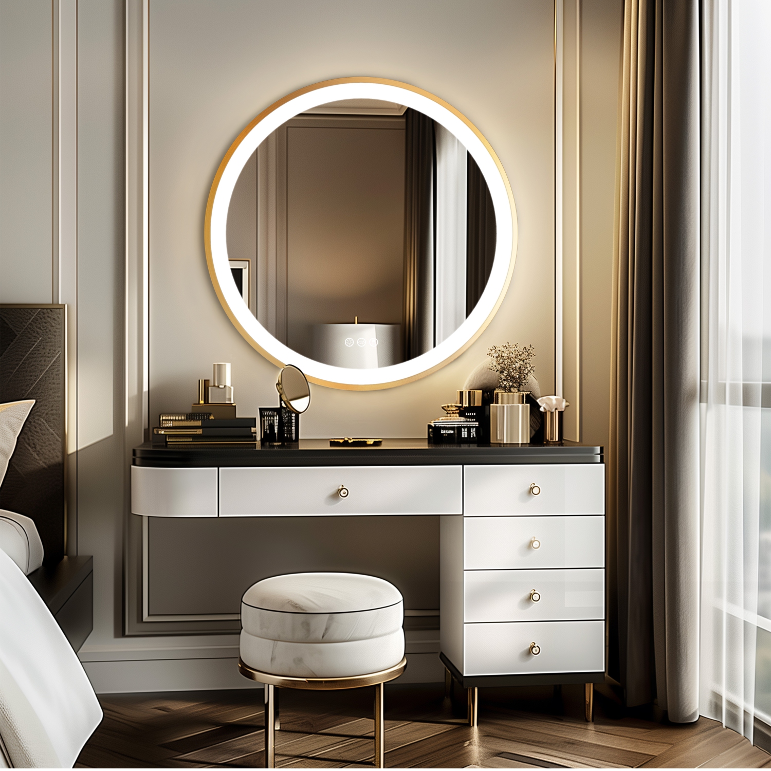 24 Inch Round LED Bathroom Mirror with Lights, Front Lit Makeup Vanity Mirror with Gold Aluminium Frame, Anti-Fog, Stepless Dimmable, 3 Colors
