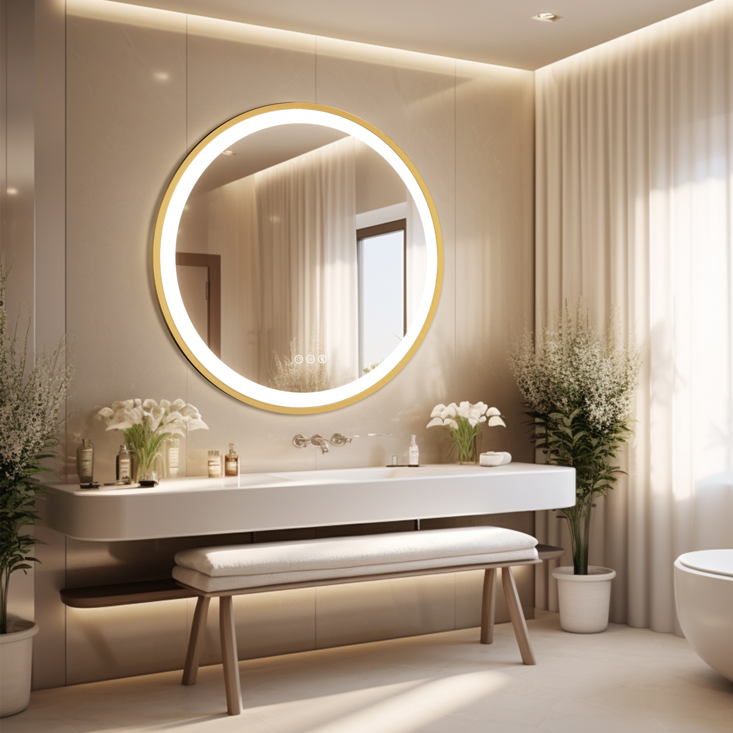 24 Inch Round LED Bathroom Mirror with Lights, Front Lit Makeup Vanity Mirror with Gold Aluminium Frame, Anti-Fog, Stepless Dimmable, 3 Colors