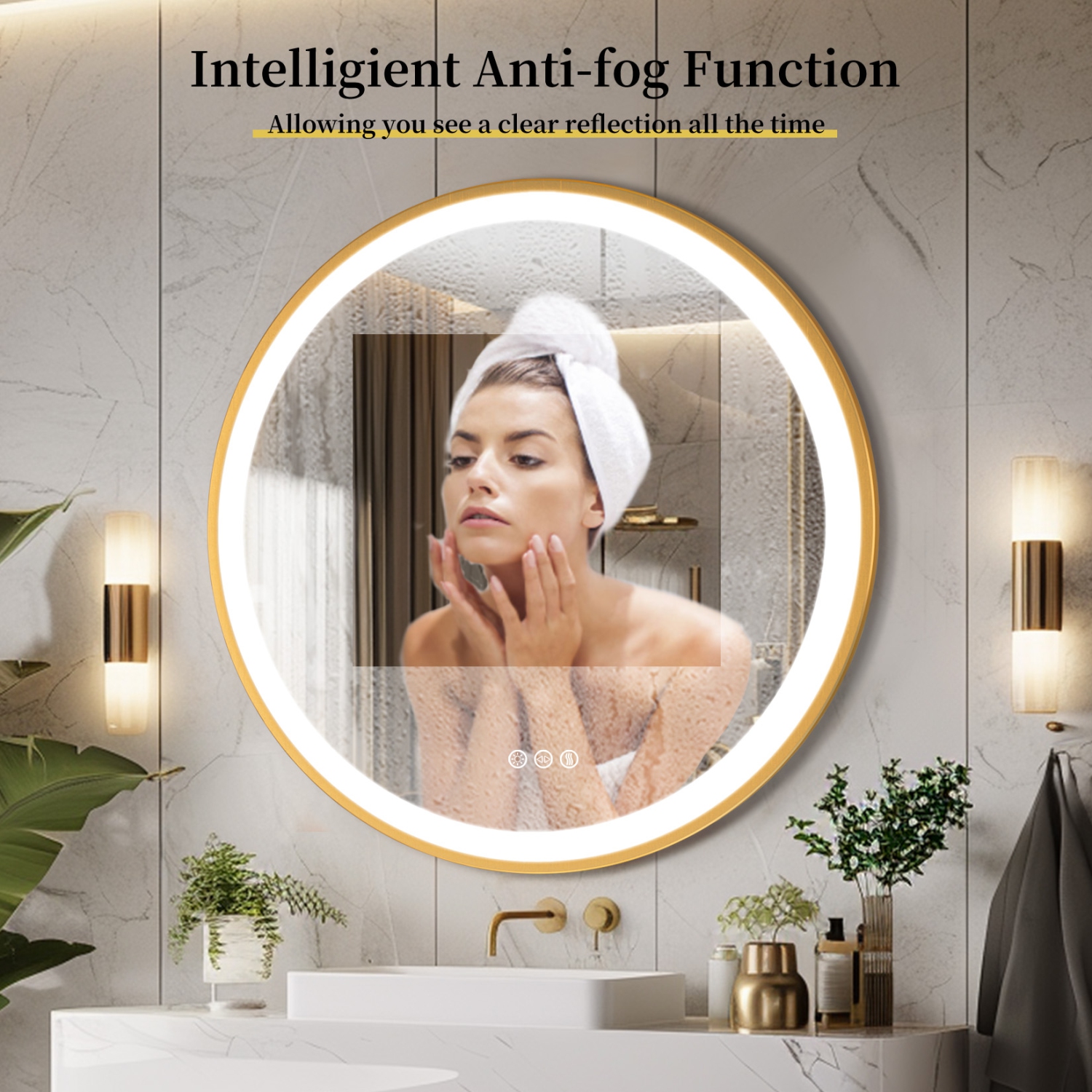 24 Inch Round LED Bathroom Mirror with Lights, Front Lit Makeup Vanity Mirror with Gold Aluminium Frame, Anti-Fog, Stepless Dimmable, 3 Colors