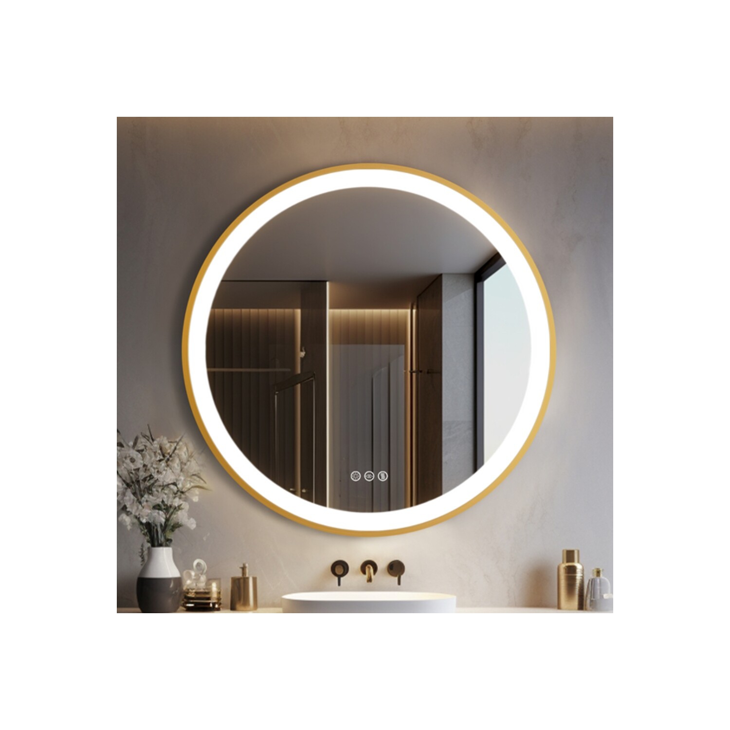 32 Inch Round LED Bathroom Mirror with Lights, Front Lit Makeup Vanity Mirror with Gold Aluminium Frame, Anti-Fog, Stepless Dimmable, 3 Colors