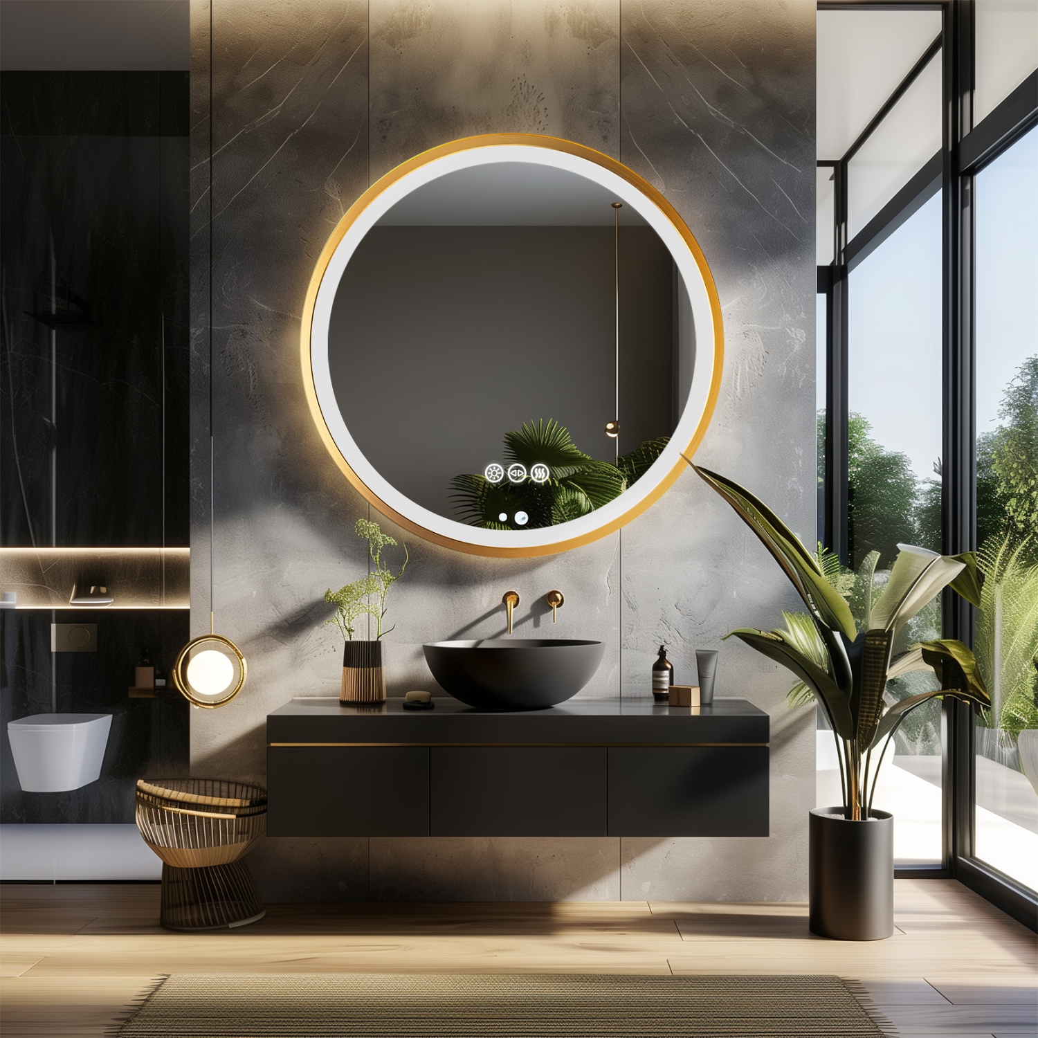 32 Inch Round LED Bathroom Mirror with Lights, Front Lit Makeup Vanity Mirror with Gold Aluminium Frame, Anti-Fog, Stepless Dimmable, 3 Colors