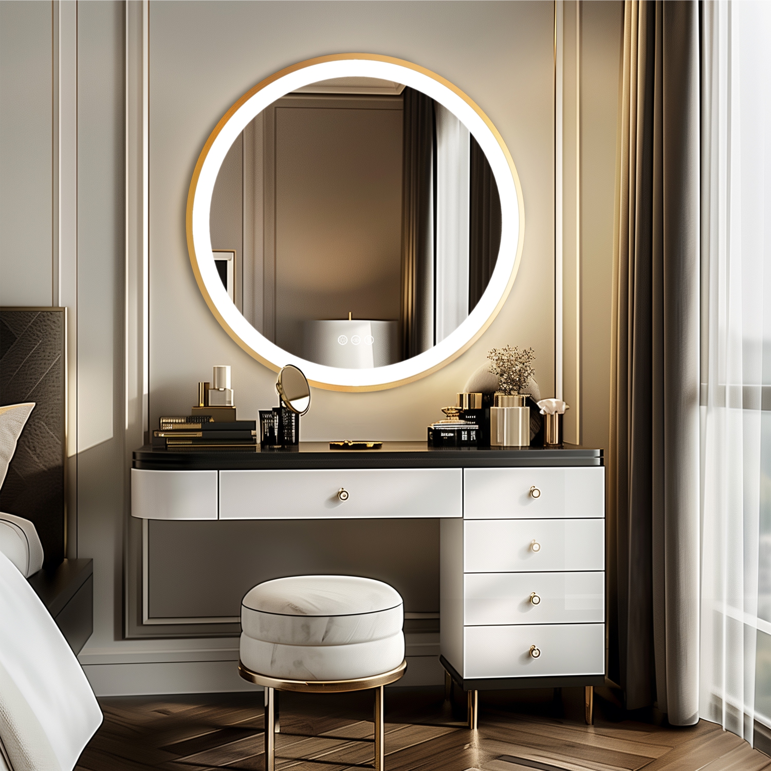 32 Inch Round LED Bathroom Mirror with Lights, Front Lit Makeup Vanity Mirror with Gold Aluminium Frame, Anti-Fog, Stepless Dimmable, 3 Colors