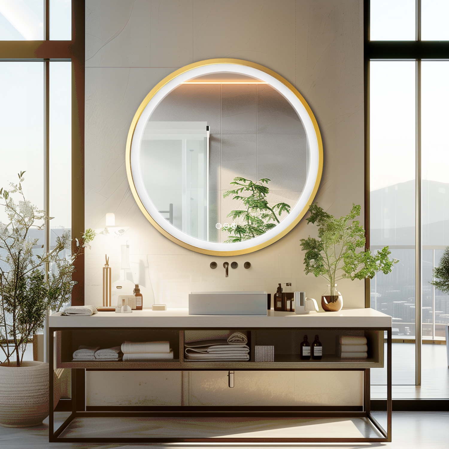 32 Inch Round LED Bathroom Mirror with Lights, Front Lit Makeup Vanity Mirror with Gold Aluminium Frame, Anti-Fog, Stepless Dimmable, 3 Colors