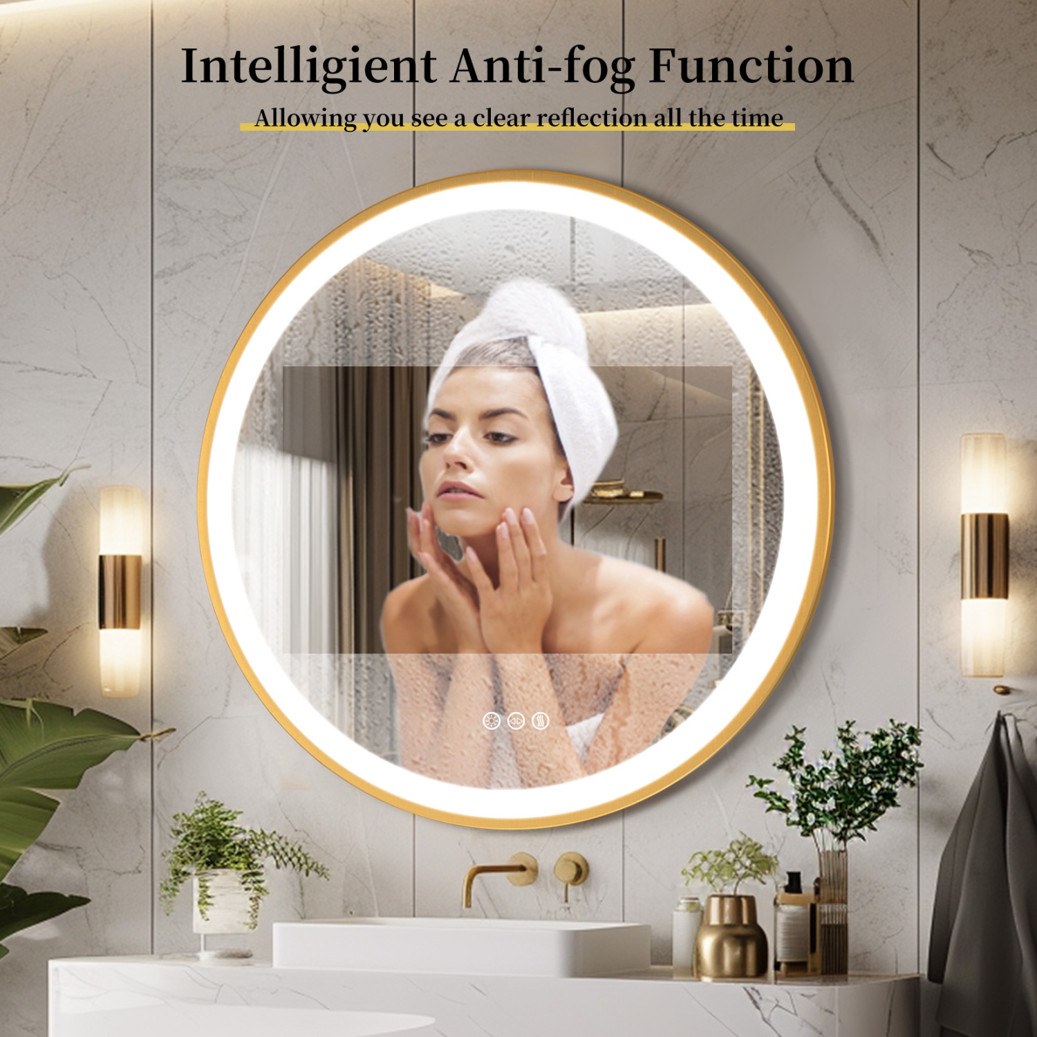 32 Inch Round LED Bathroom Mirror with Lights, Front Lit Makeup Vanity Mirror with Gold Aluminium Frame, Anti-Fog, Stepless Dimmable, 3 Colors