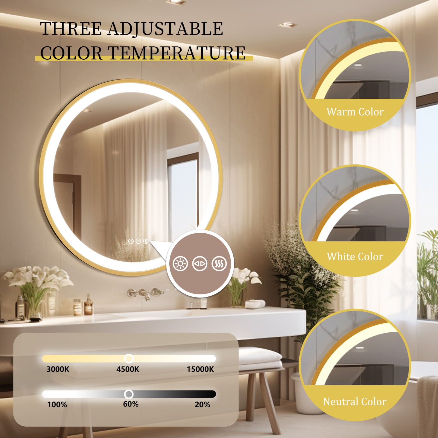 32 Inch Round LED Bathroom Mirror with Lights, Front Lit Makeup Vanity Mirror with Gold Aluminium Frame, Anti-Fog, Stepless Dimmable, 3 Colors