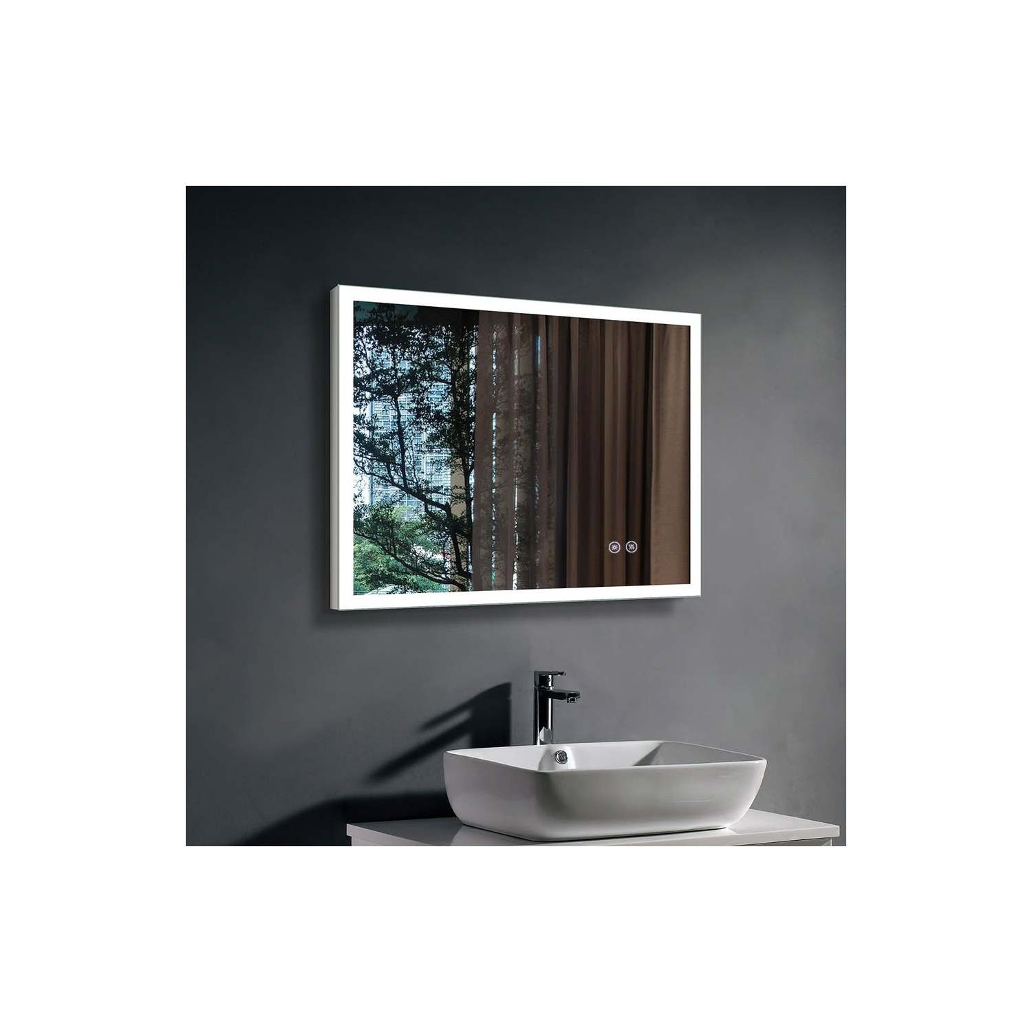 Whirlwell – Miroir de salle de bain LED, 36 x 28&nbsp;po, lumières minces, bouton tactile, intensité réglable, antibuée, Montage vertical/horizontal