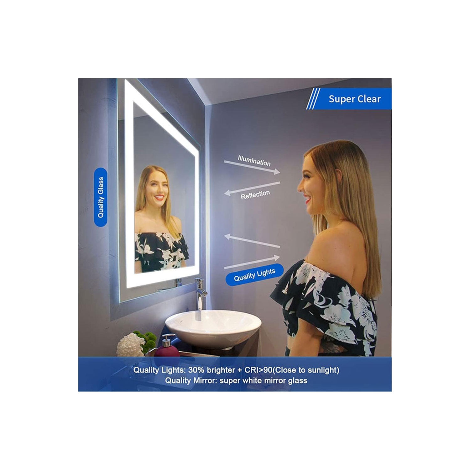 Whirlwell – Miroir de salle de bain LED, 36 x 28&nbsp;po, lumières minces, bouton tactile, intensité réglable, antibuée, Montage vertical/horizontal