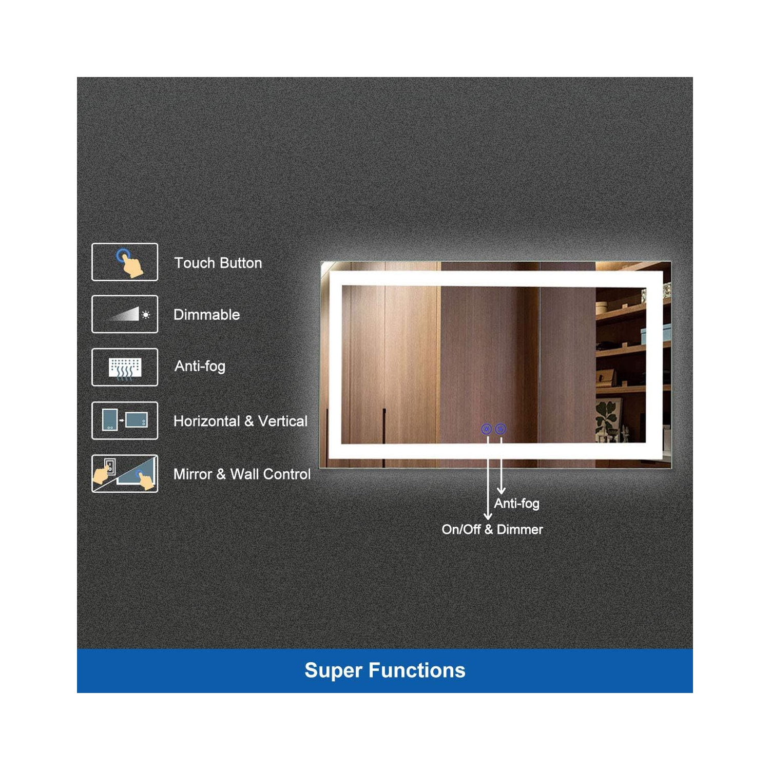 Whirlwell LED Bathroom Mirror, 20 x 28 in, Slim Lights, Touch Button, Dimmable, Anti-Fog, Vertical/Horizontal Mounted