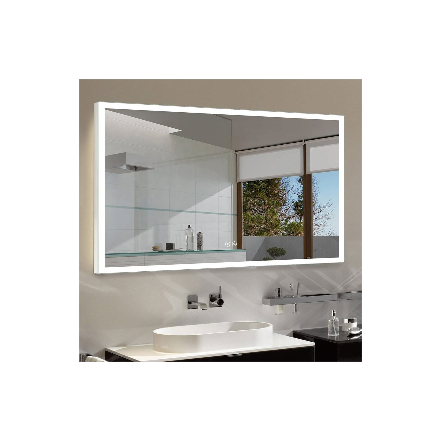 Whirlwell – Miroir de salle de bain LED, 48 x 28&nbsp;po, lumières minces, bouton tactile, intensité réglable, antibuée, Montage vertical/horizontal