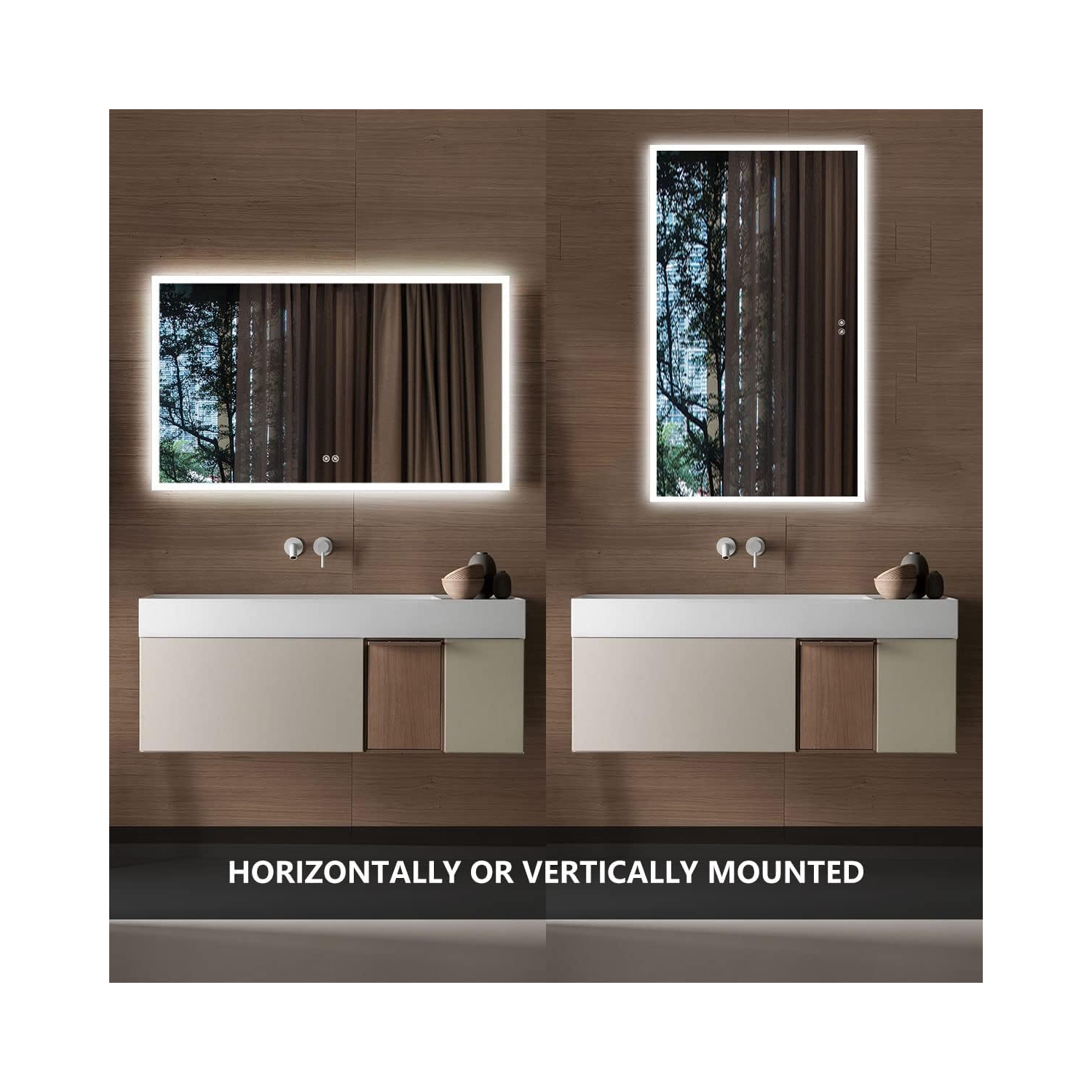 Whirlwell – Miroir de salle de bain LED, 48 x 36&nbsp;po, lumières larges, bouton tactile, intensité réglable, antibuée, Montage vertical/horizontal