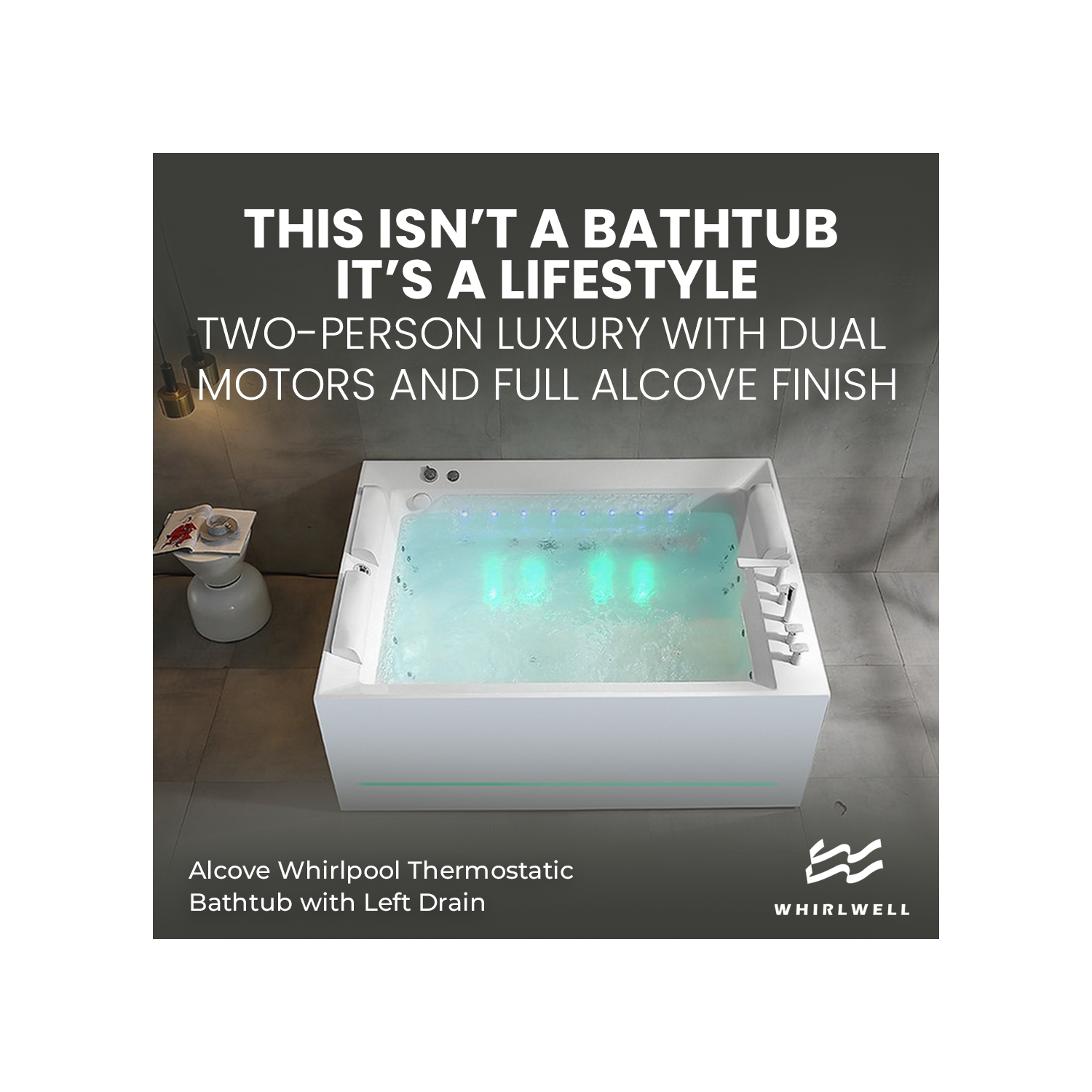 Whirlwell – Baignoire de massage combinée pour 2&nbsp;personnes HIGH-END, 71 x 53&nbsp;po, avec drain central, radiateur