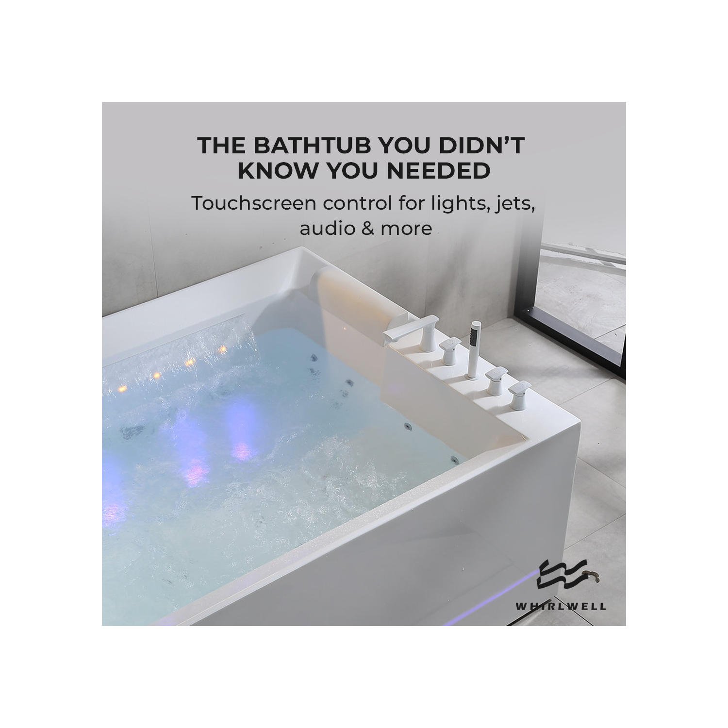 Whirlwell – Baignoire de massage combinée pour 2&nbsp;personnes HIGH-END, 71 x 53&nbsp;po, avec drain central, radiateur