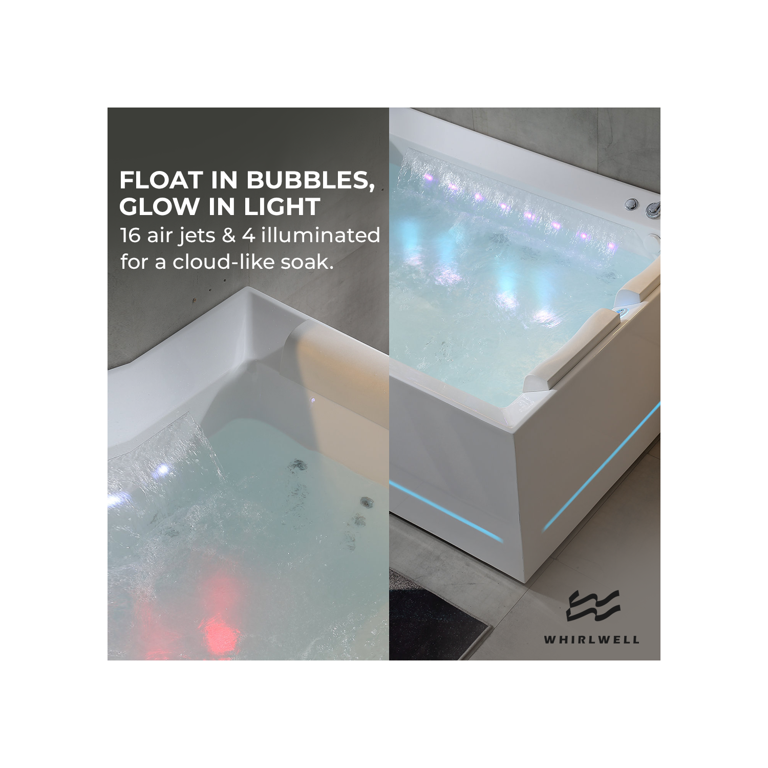 Whirlwell – Baignoire de massage combinée pour 2&nbsp;personnes HIGH-END, 71 x 53&nbsp;po, avec drain central, radiateur