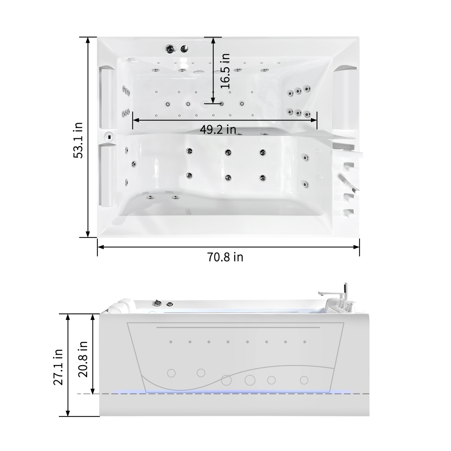 Whirlwell – Baignoire de massage combinée pour 2&nbsp;personnes HIGH-END, 71 x 53&nbsp;po, avec drain central, radiateur
