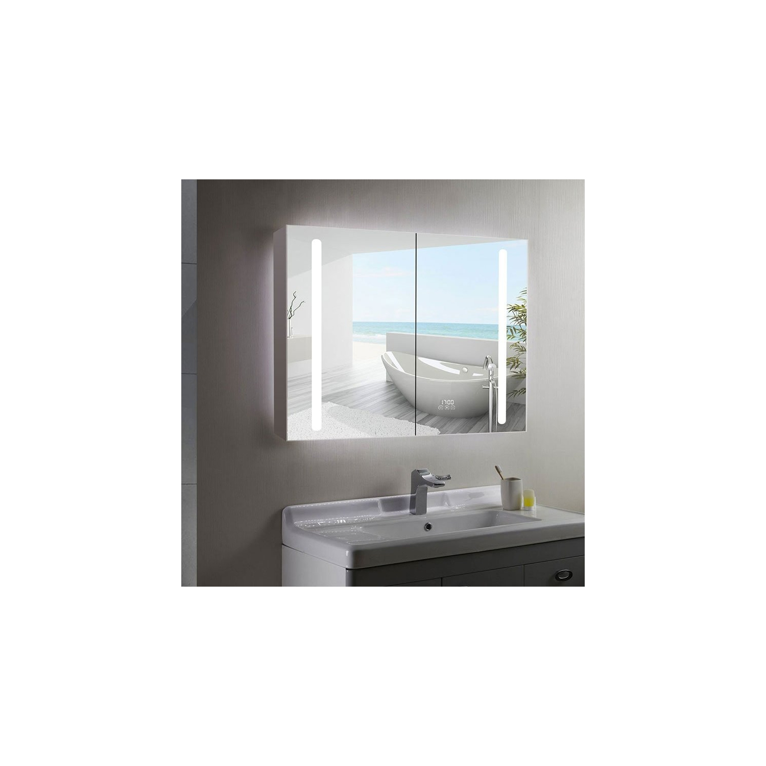 Whirlwell LED Smart Mirror Cabinet, 36 x 32 in, Touch Switch, Anti-Fog, Dimmable Tri-Color Lighting, USB port, Clock Display, and a Built-in Sensor