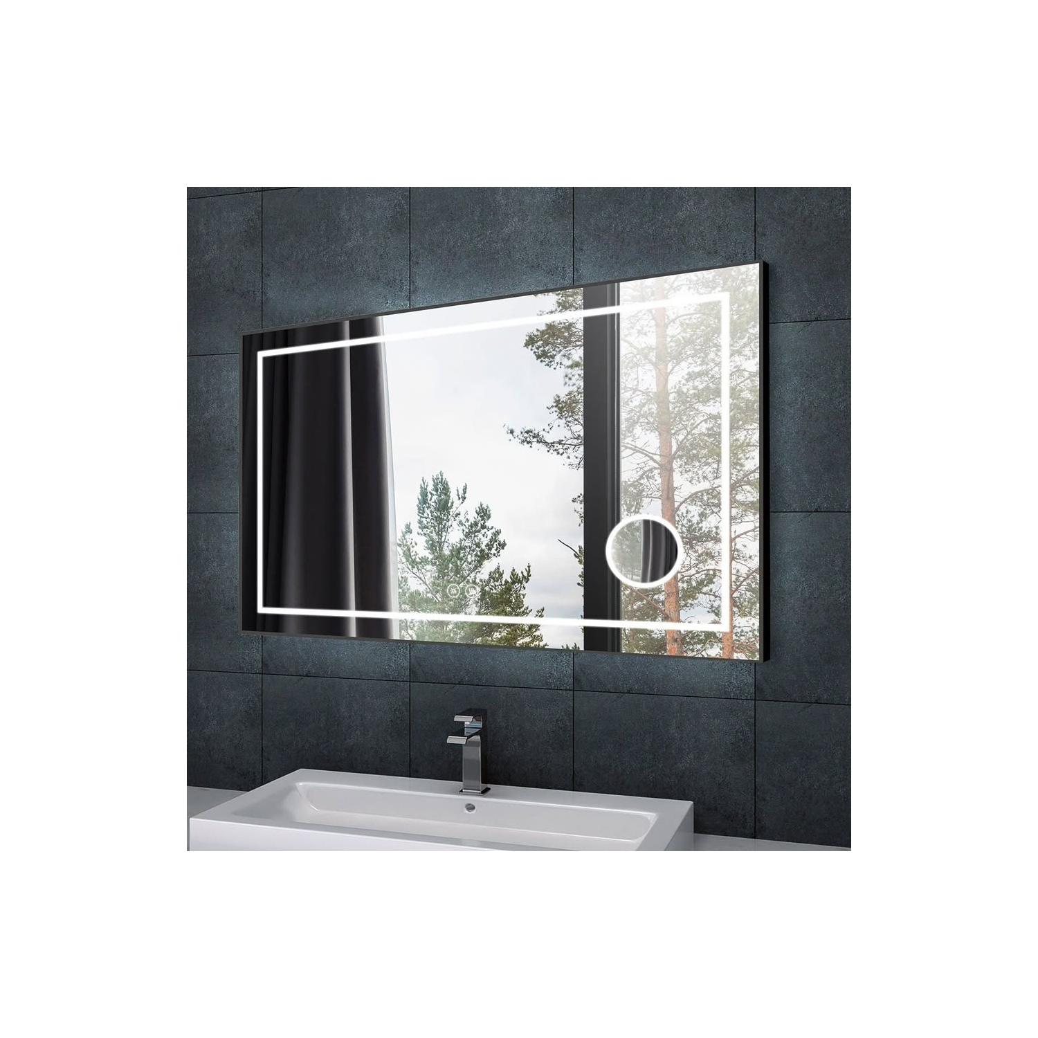 Whirlwell – Miroir de salle de bain LED, 55 x 36&nbsp;po, cadre noir, haut-parleur Bluetooth, loupe, bouton tactile, Intensité réglable, antibuée,