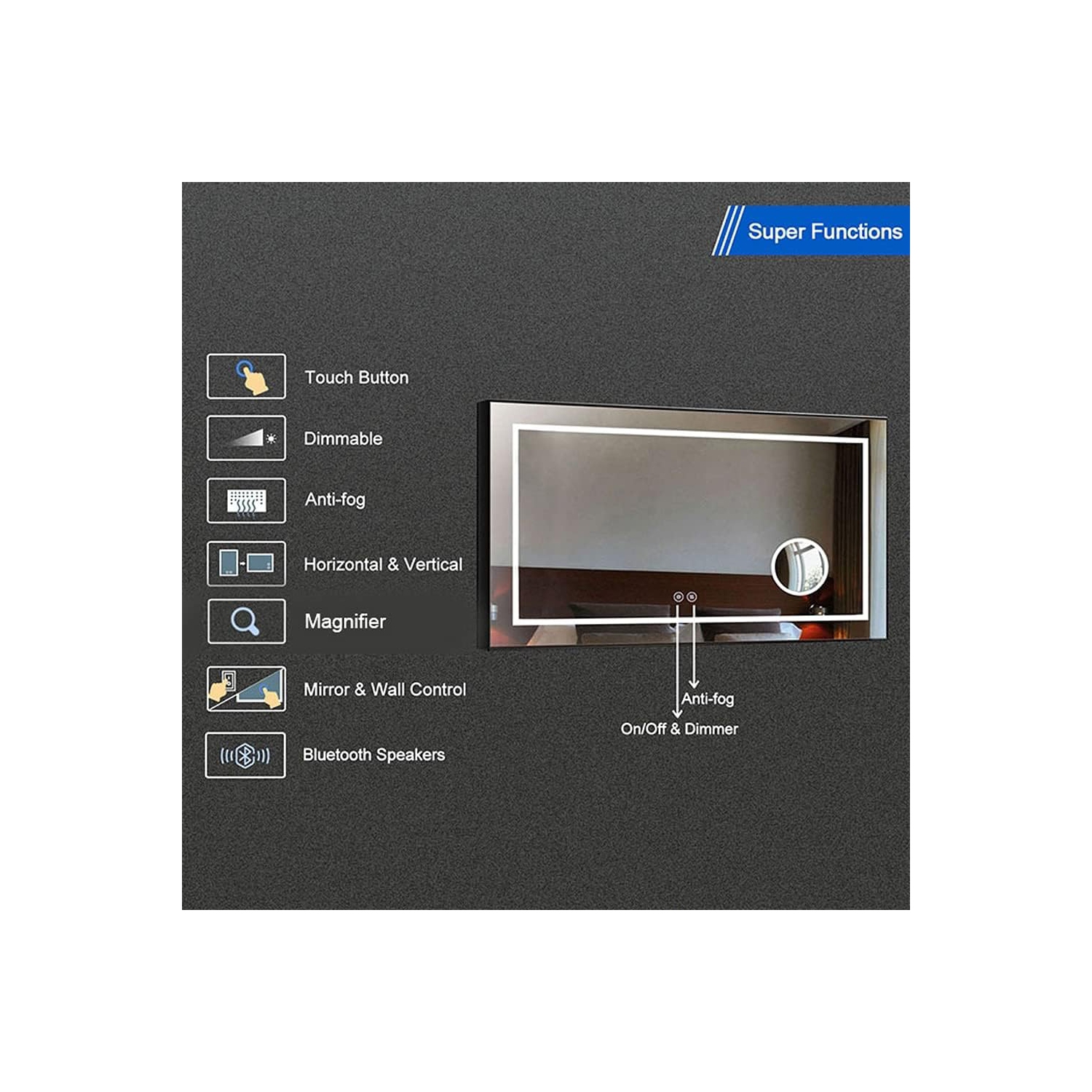 Whirlwell – Miroir de salle de bain LED, 55 x 36&nbsp;po, cadre noir, haut-parleur Bluetooth, loupe, bouton tactile, Intensité réglable, antibuée,