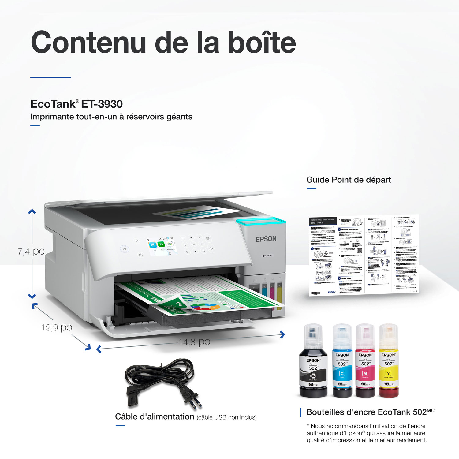 Imprimante à jet encre tout-en-un sans fil EcoTank ET-3930 d'Epson - Blanc