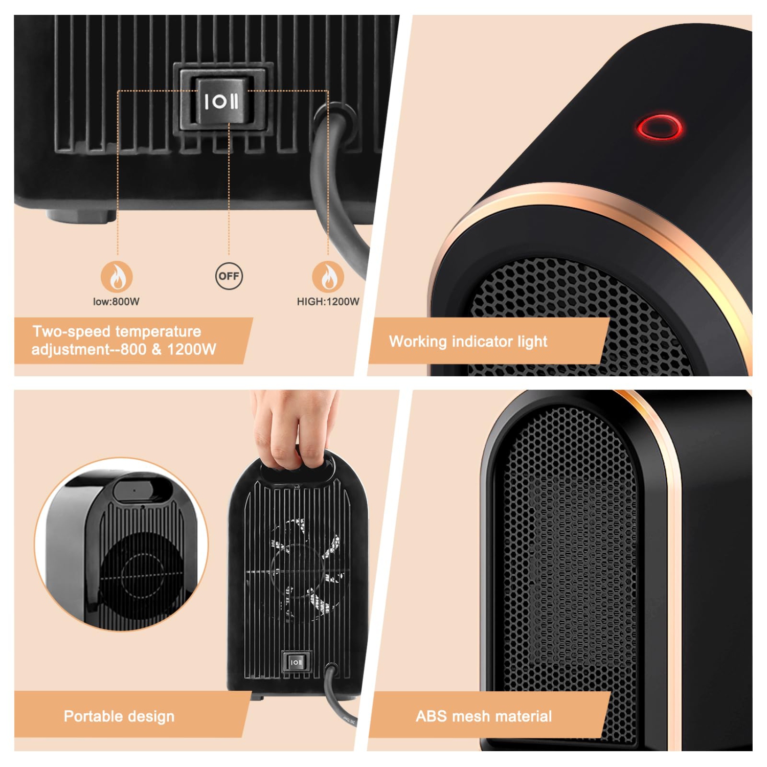 Electric Heater, 1200W PTC Ceramic Fan Heaters, Portable Fast Heating for Home Low Energy Silent, Energy Efficient Space Heater