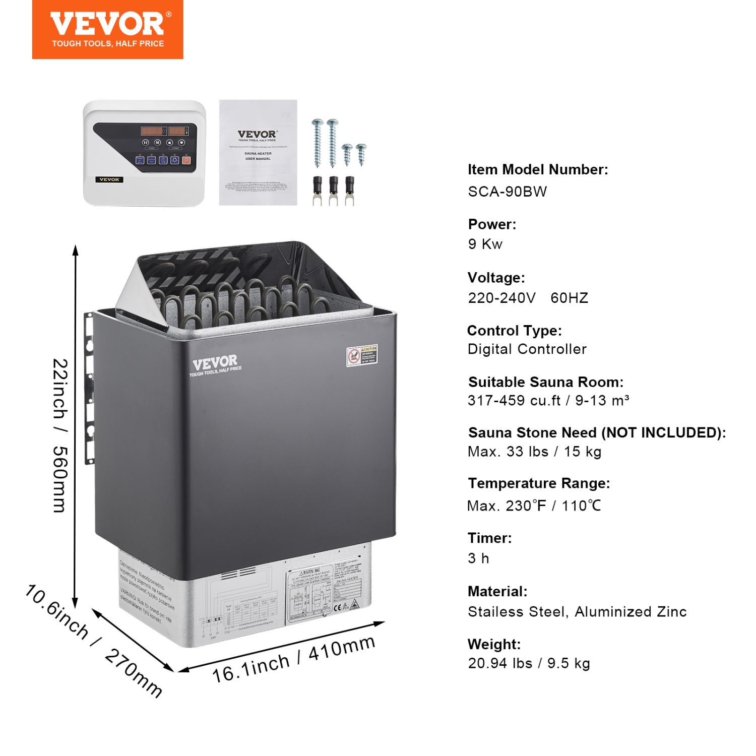 VEVOR 9KW 220V Electric Sauna Stove, Steam Bath Sauna Heater with External Digital Controller, 3h Timer and Adjustable Temp for Max. 317-459 Cubic