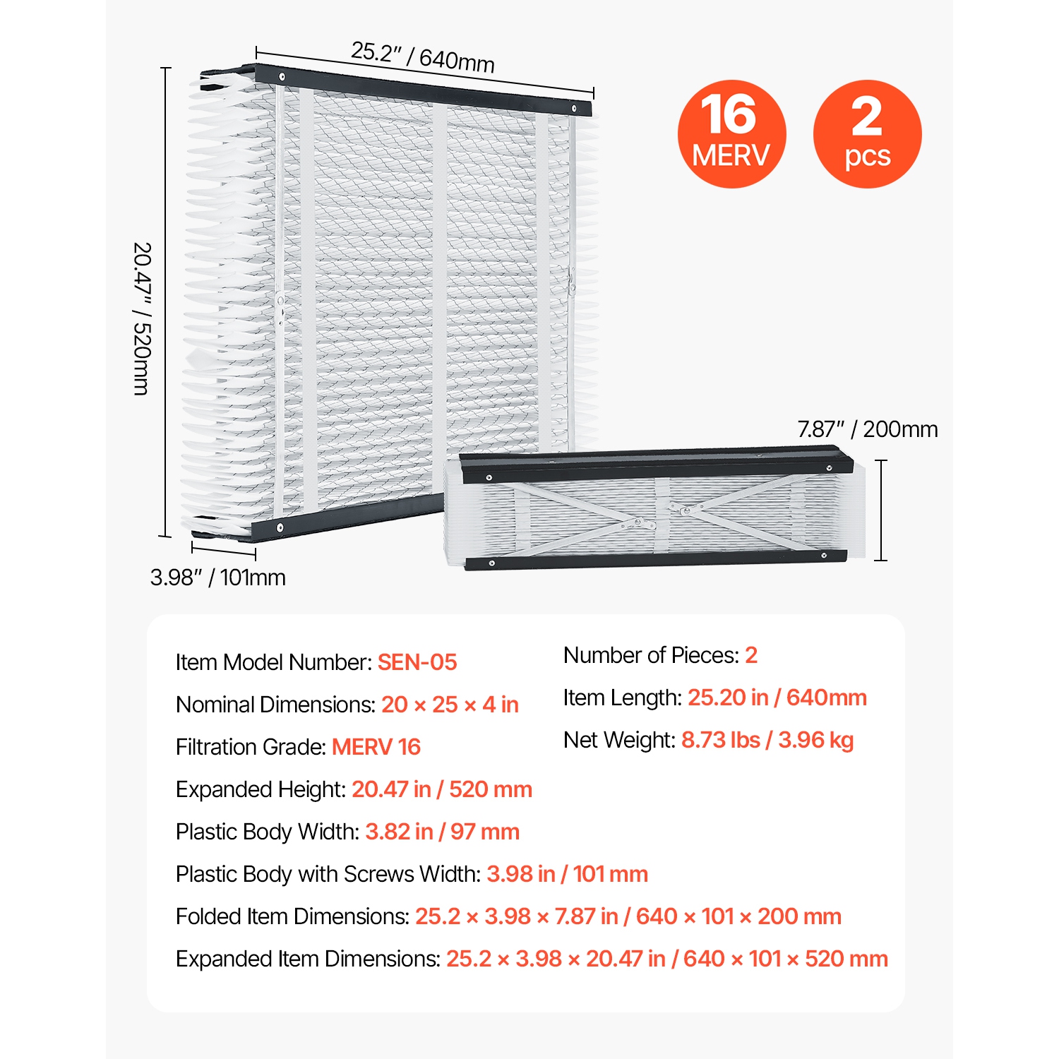 VEVOR 20 x 25 x 4 Furnace Filter, MERV 16 HVAC Ac Filters,12-Month Electrostatic Pleated, 2-Pack for Capturing Dust, Smog, Pet Dander