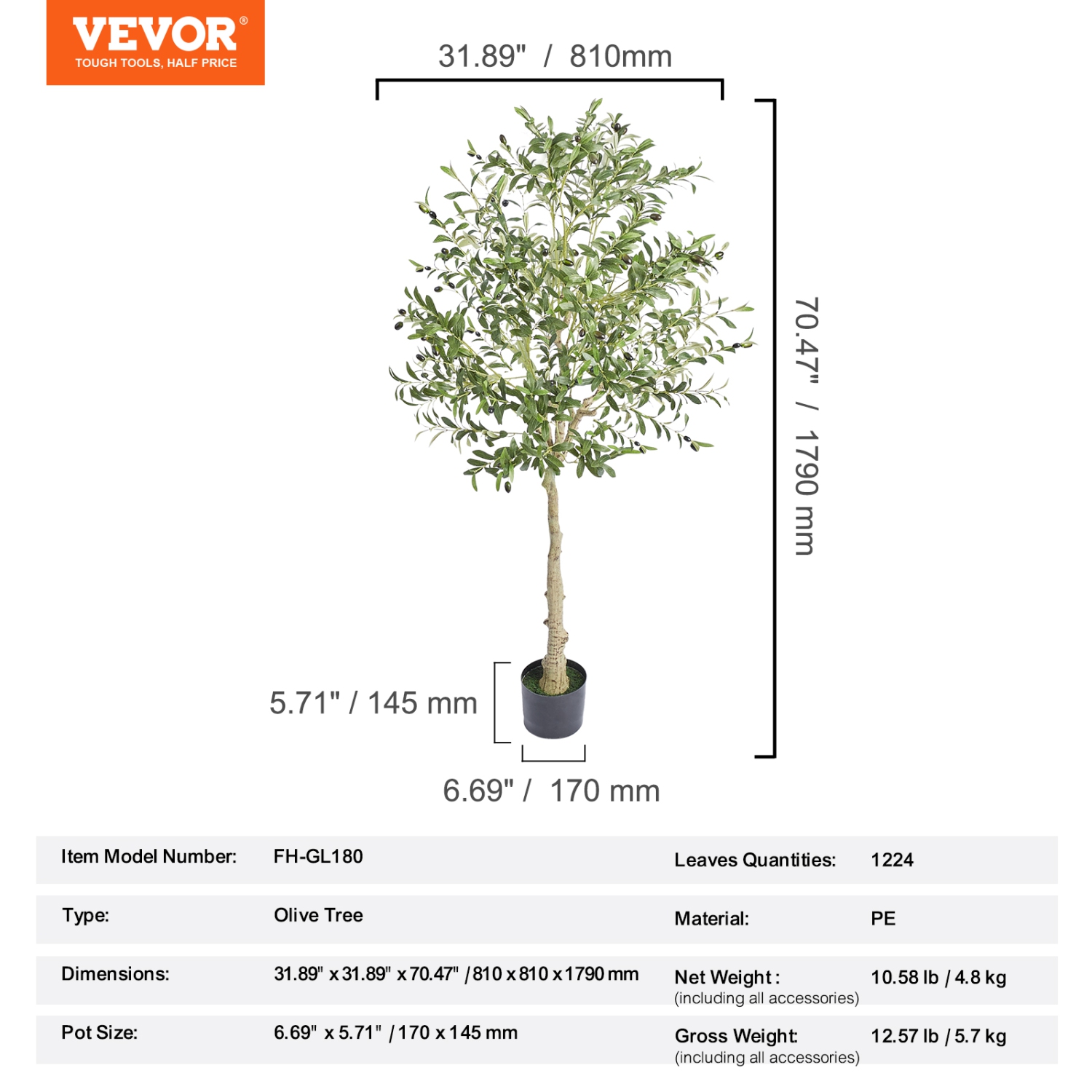 VEVOR 6 FT Tall Faux Olive Tree,Secure PE Material & Anti-Tip Tilt Protection Low-Maintenance Plant, Lifelike Green Fake Potted Tree for Home Office