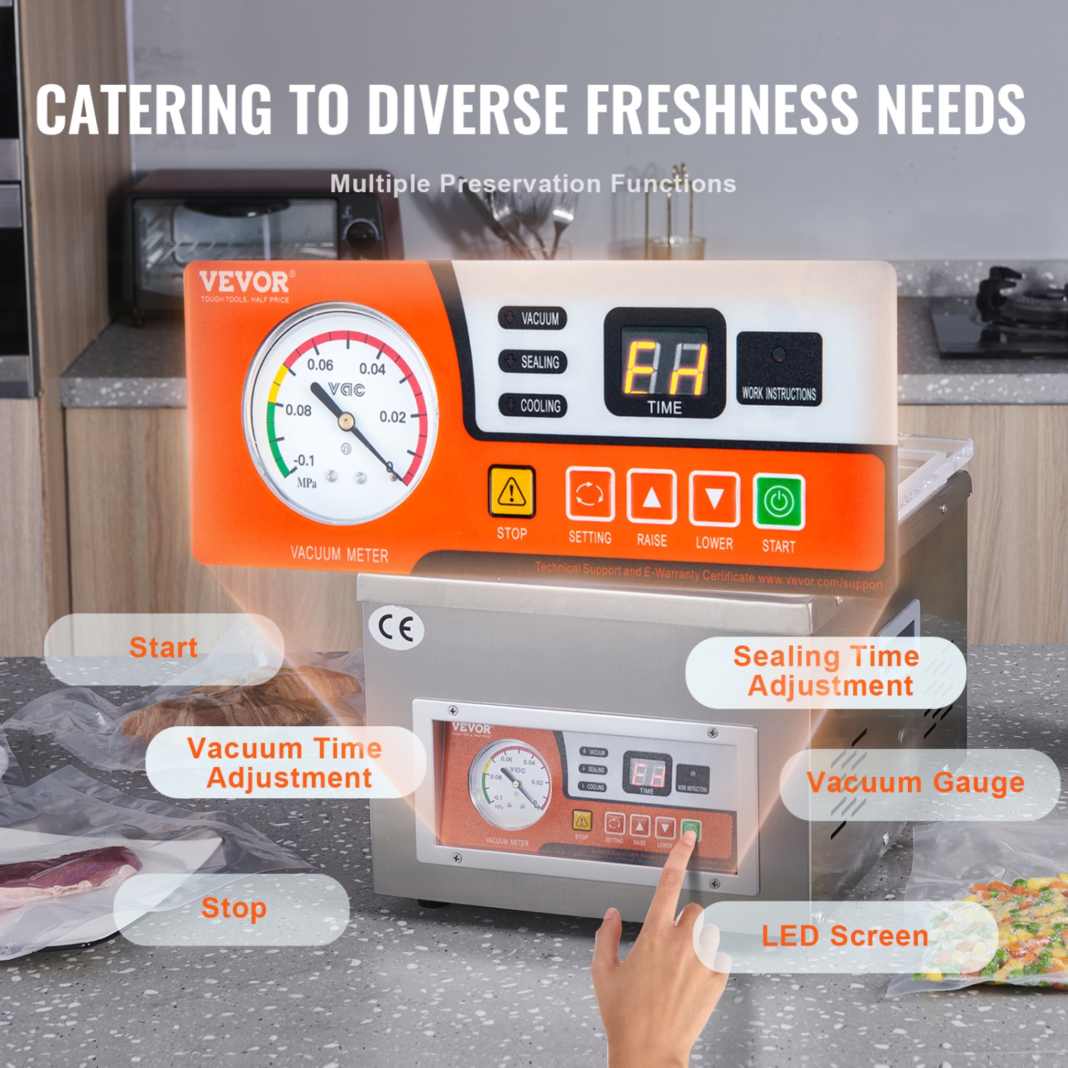 VEVOR 260W Chamber Vacuum Sealer,Vacuum Packing Machine for Wet Foods, Meats,Marinades and More, Compact Size with 10.2" Sealing Length, Applied in