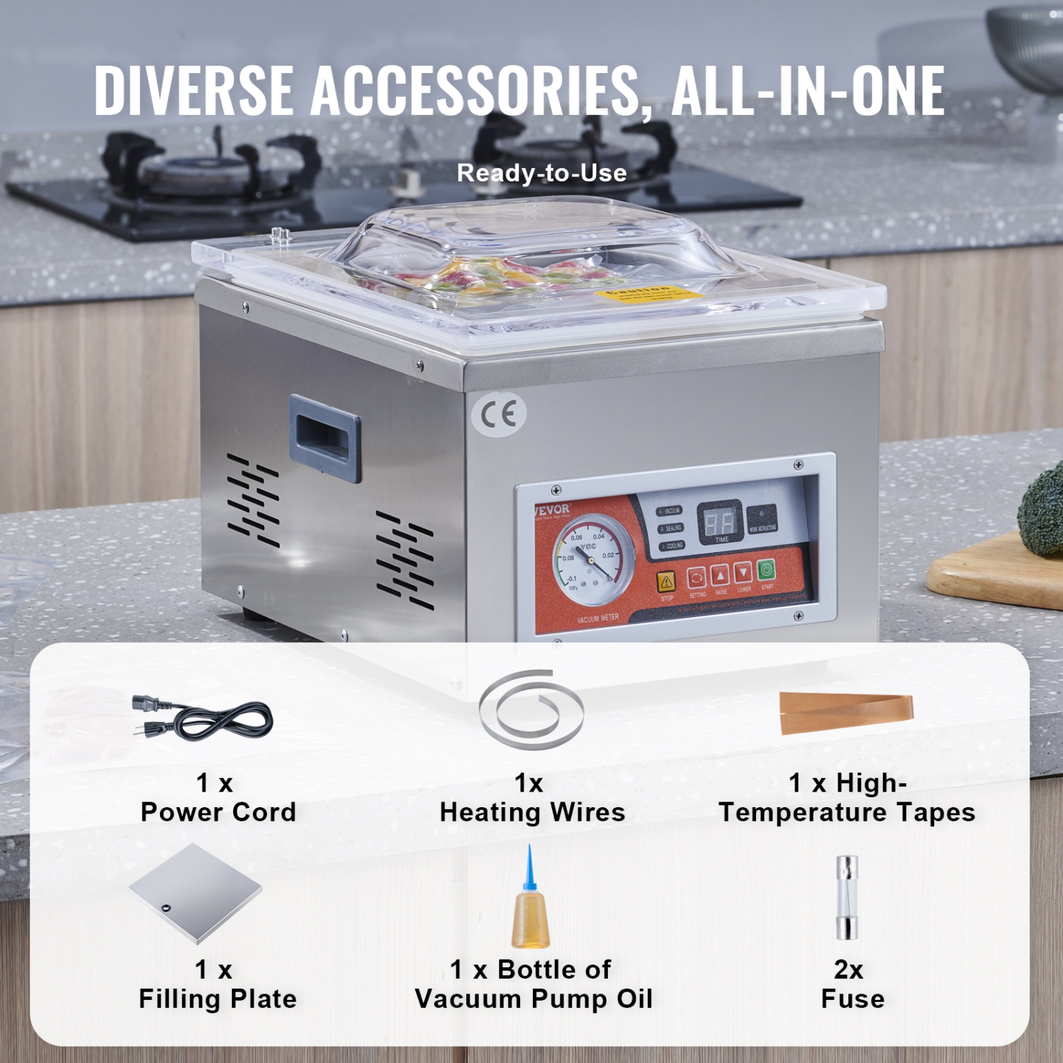 VEVOR 260W Chamber Vacuum Sealer,Vacuum Packing Machine for Wet Foods, Meats,Marinades and More, Compact Size with 10.2" Sealing Length, Applied in