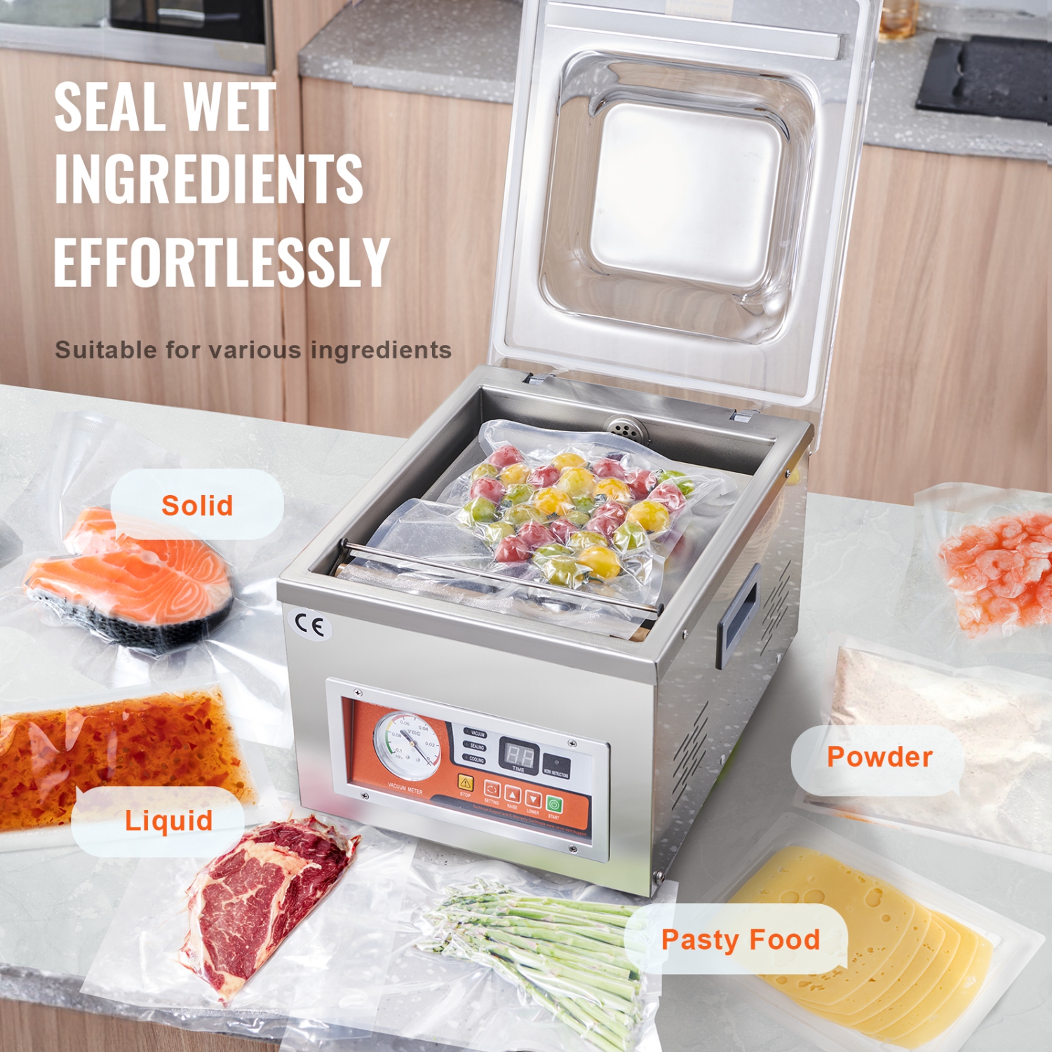 VEVOR 260W Chamber Vacuum Sealer,Vacuum Packing Machine for Wet Foods, Meats,Marinades and More, Compact Size with 10.2" Sealing Length, Applied in
