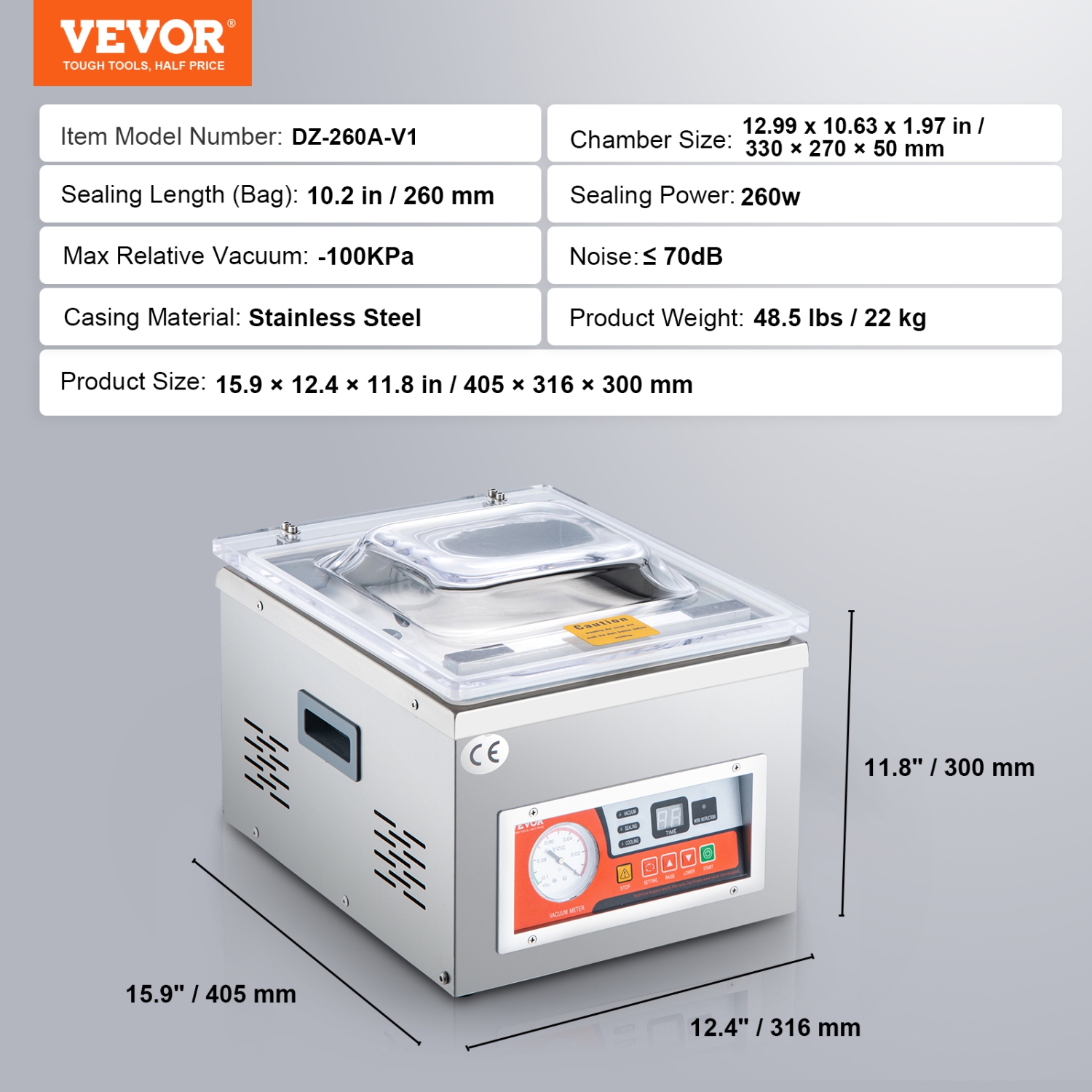 VEVOR 260W Chamber Vacuum Sealer,Vacuum Packing Machine for Wet Foods, Meats,Marinades and More, Compact Size with 10.2" Sealing Length, Applied in
