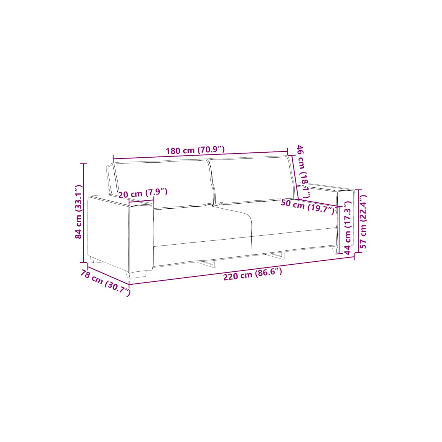 Canapé 3 places en tissu 220 x 78 x 84 cm gris foncé vidaXL