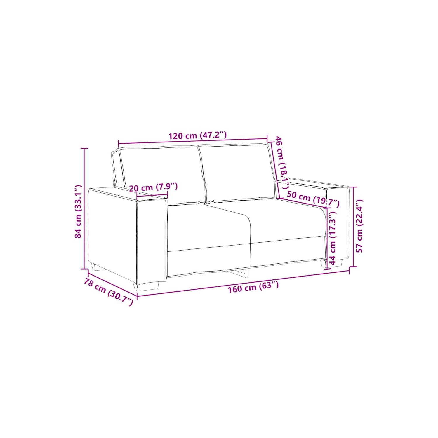 Canapé 2 places en tissu 120 cm noir vidaXL