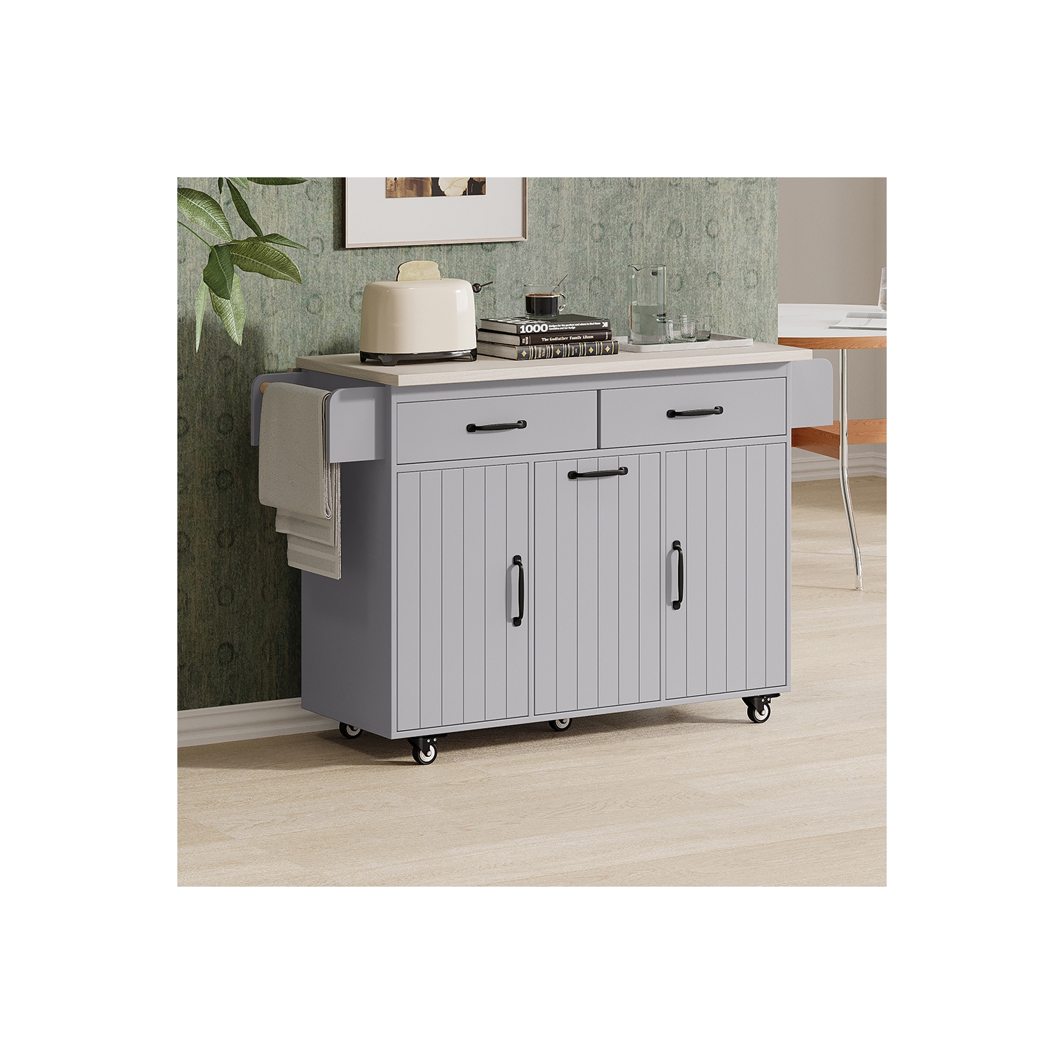 Îlot de cuisine Kepooman avec armoire à déchets Till Out, îlot de cuisine à roulettes avec abattant de rangement - Gris