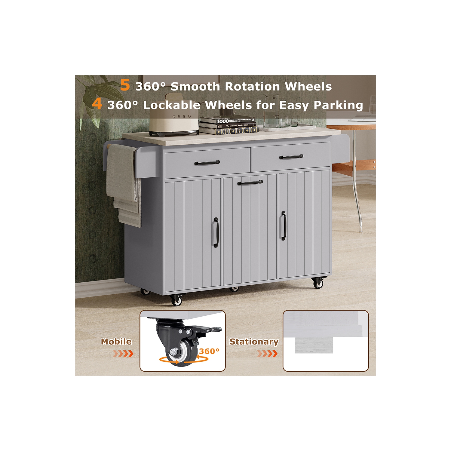 Îlot de cuisine Kepooman avec armoire à déchets Till Out, îlot de cuisine à roulettes avec abattant de rangement - Gris