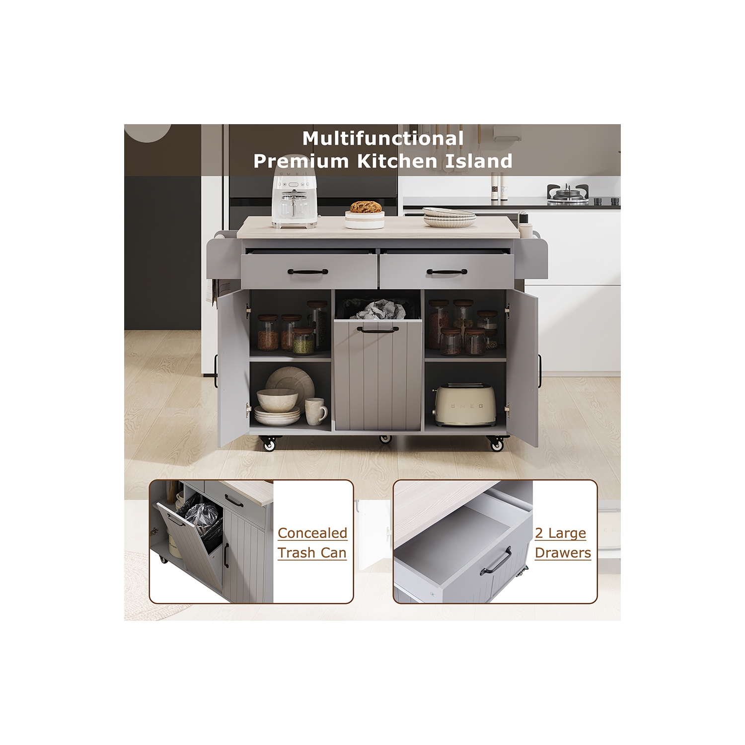 Îlot de cuisine Kepooman avec armoire à déchets Till Out, îlot de cuisine à roulettes avec abattant de rangement - Gris