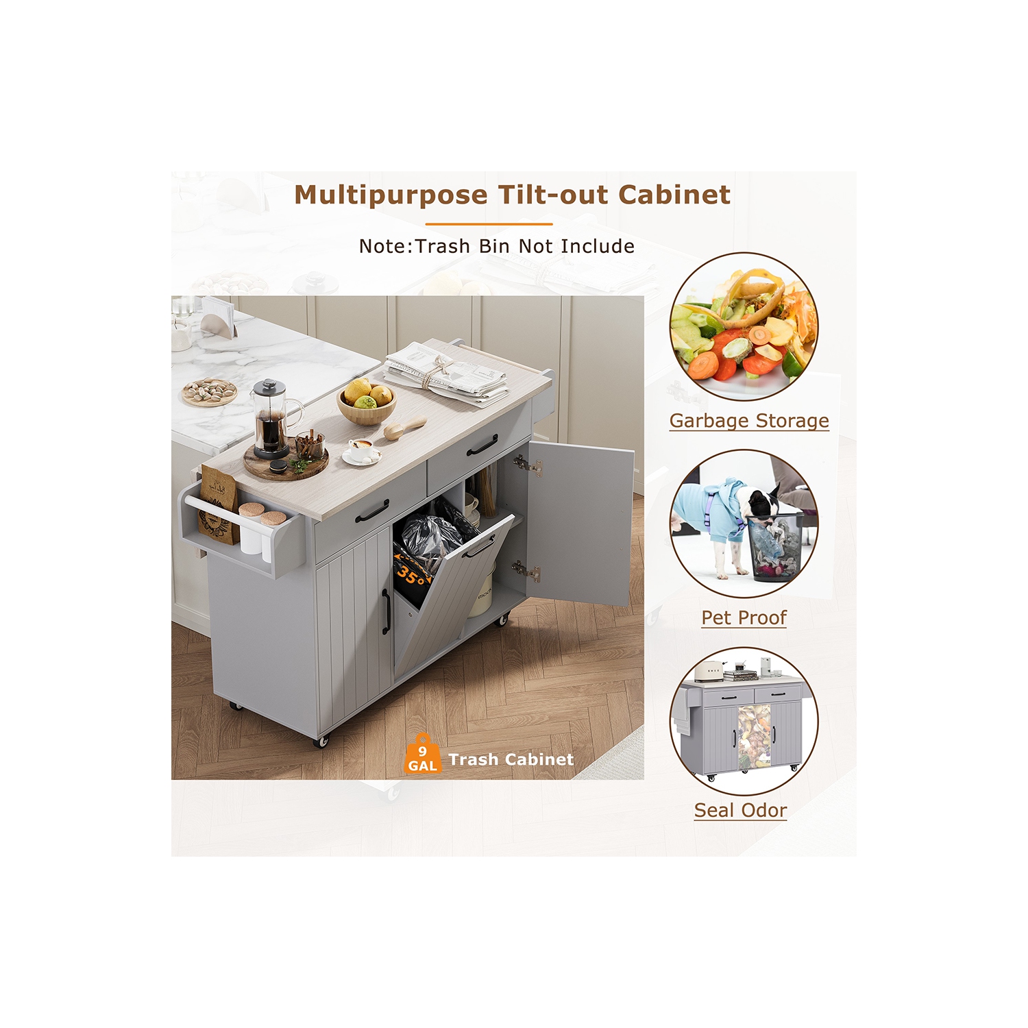 Îlot de cuisine Kepooman avec armoire à déchets Till Out, îlot de cuisine à roulettes avec abattant de rangement - Gris