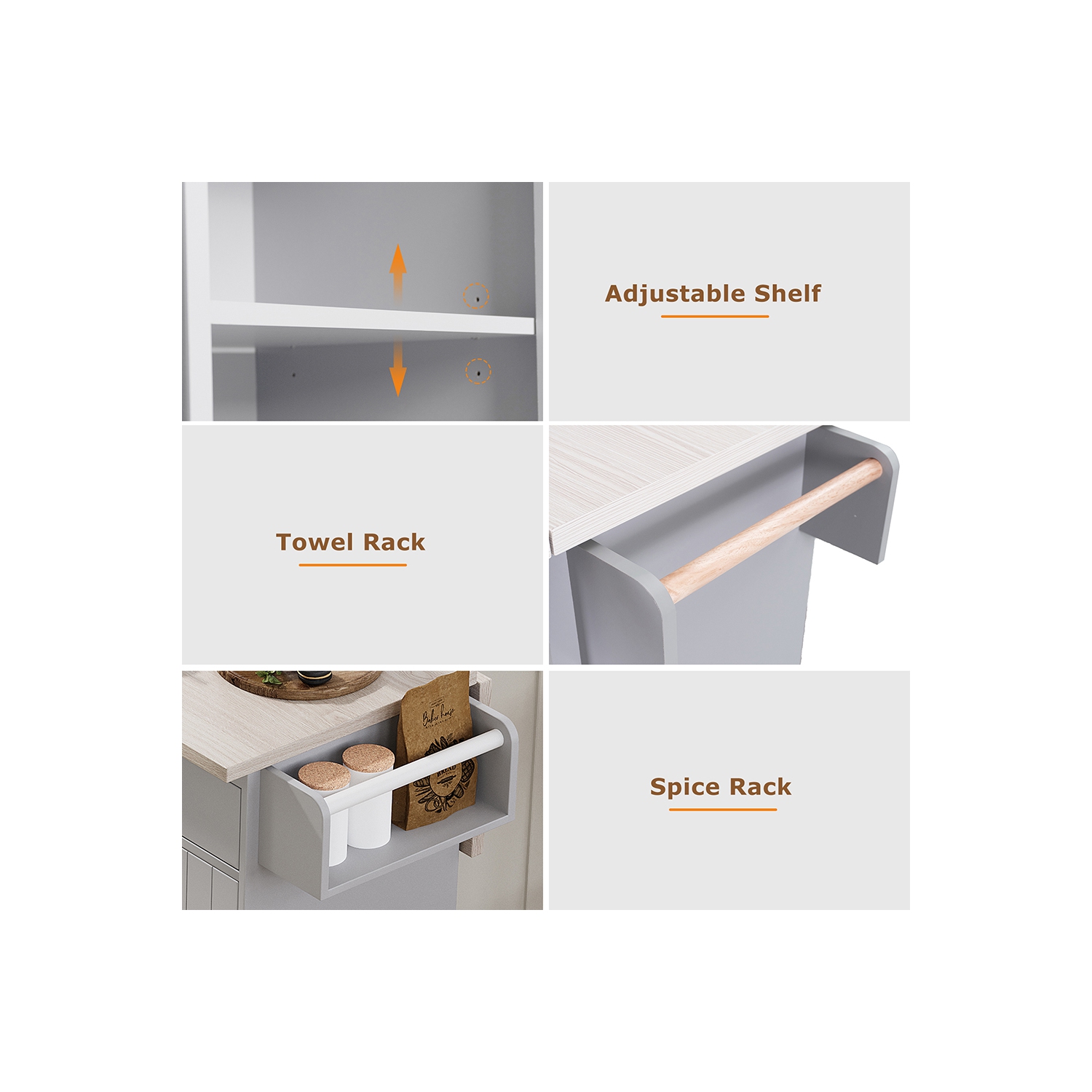 Îlot de cuisine Kepooman avec armoire à déchets Till Out, îlot de cuisine à roulettes avec abattant de rangement - Gris