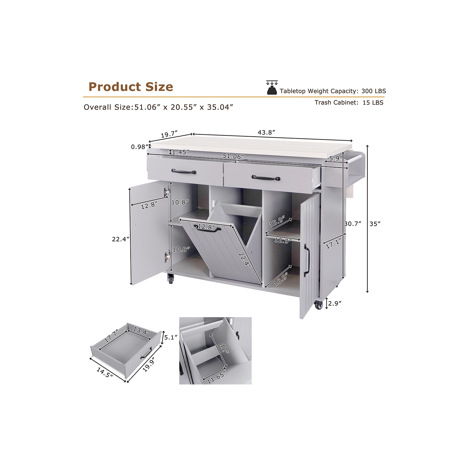 Îlot de cuisine Kepooman avec armoire à déchets Till Out, îlot de cuisine à roulettes avec abattant de rangement - Gris