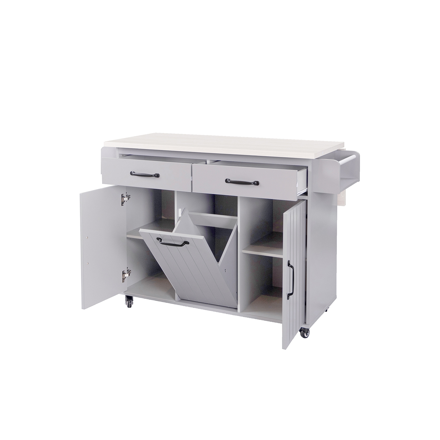 Îlot de cuisine Kepooman avec armoire à déchets Till Out, îlot de cuisine à roulettes avec abattant de rangement - Gris