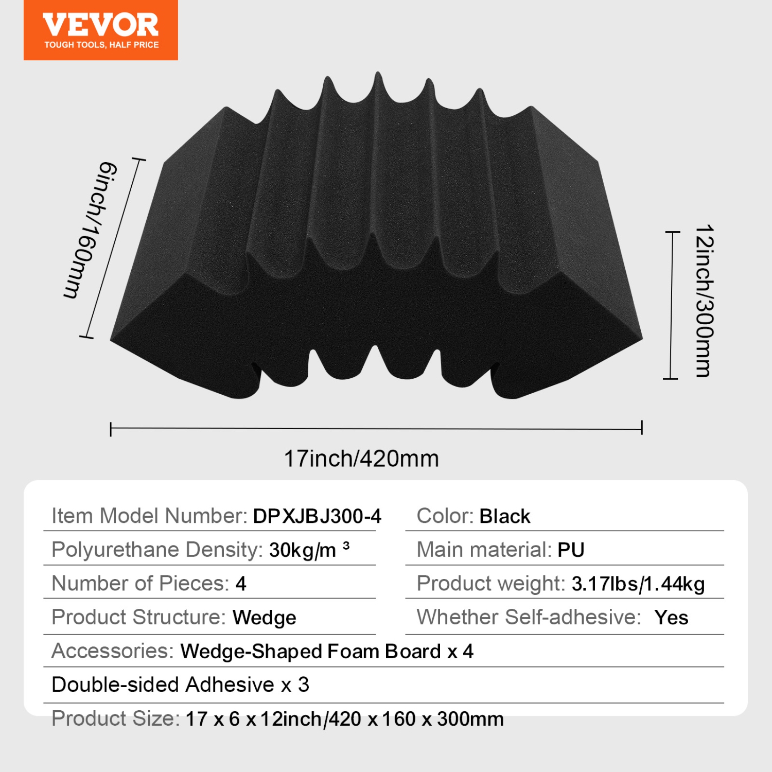 VEVOR 4 Pack Acoustic Foam Panels, 16.5 x 6.3 x 12 inches, Adhesive High Density,Fire-Resistant Acoustic Panel,Sound Dampening Absorbing Panel for