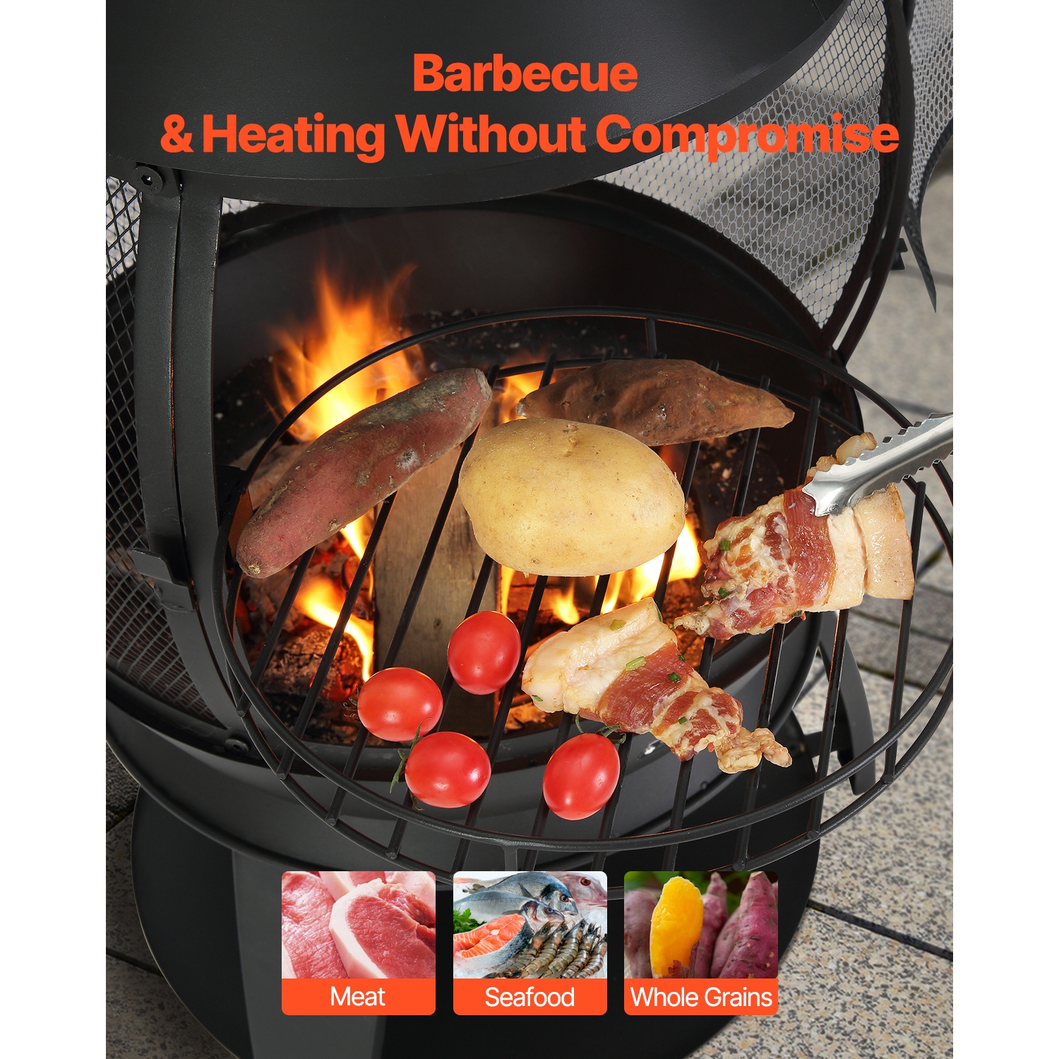 Foyer à bois d'extérieur VEVOR de 22&nbsp;po, foyer sphérique en fer pour barbecue et réchaud, grillage, revêtement en cheminée et couvercle en