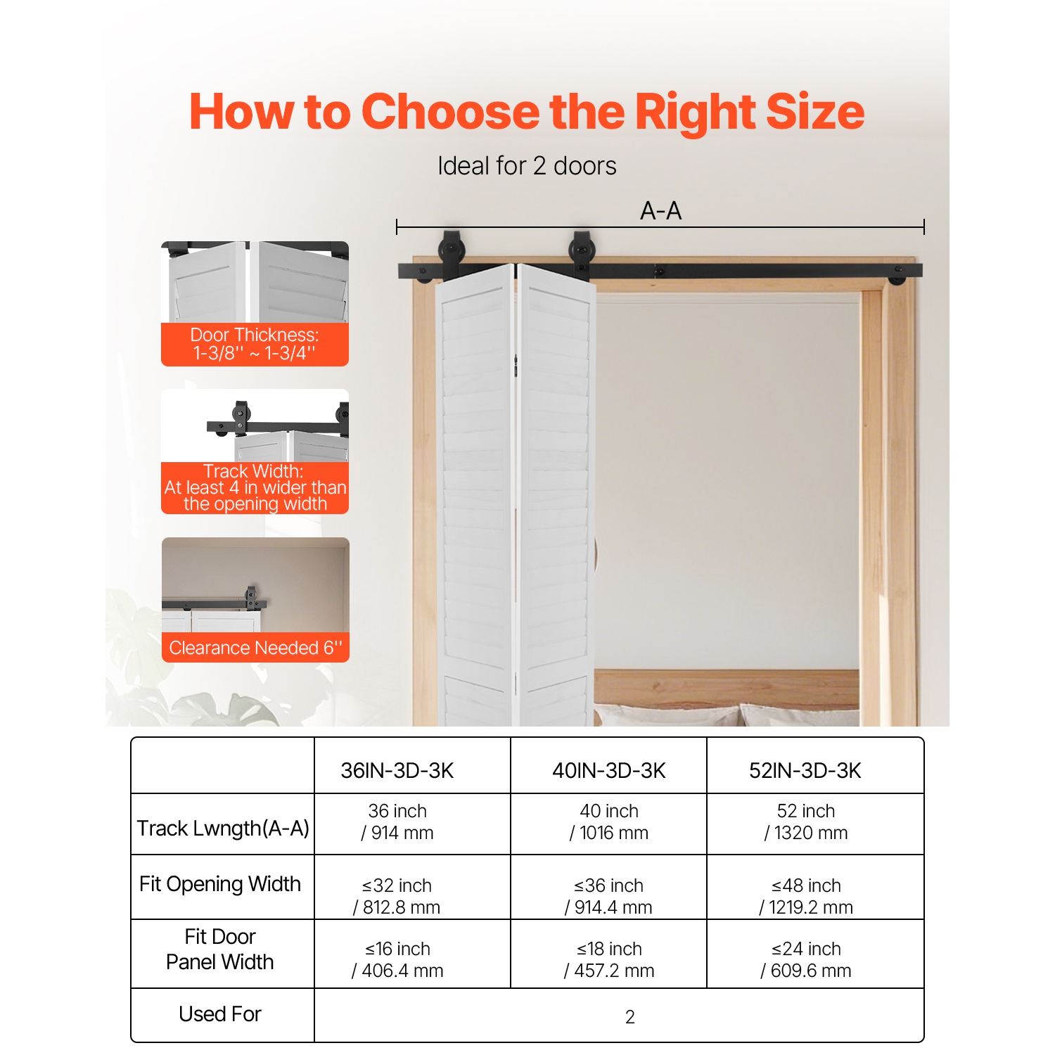VEVOR 52" Bi-Folding Sliding Barn Door Hardware Track Kit, Top Mount Track Kit, Slide Smoothly, Easy to Install, Suitable for Two 24" Closet Pantry