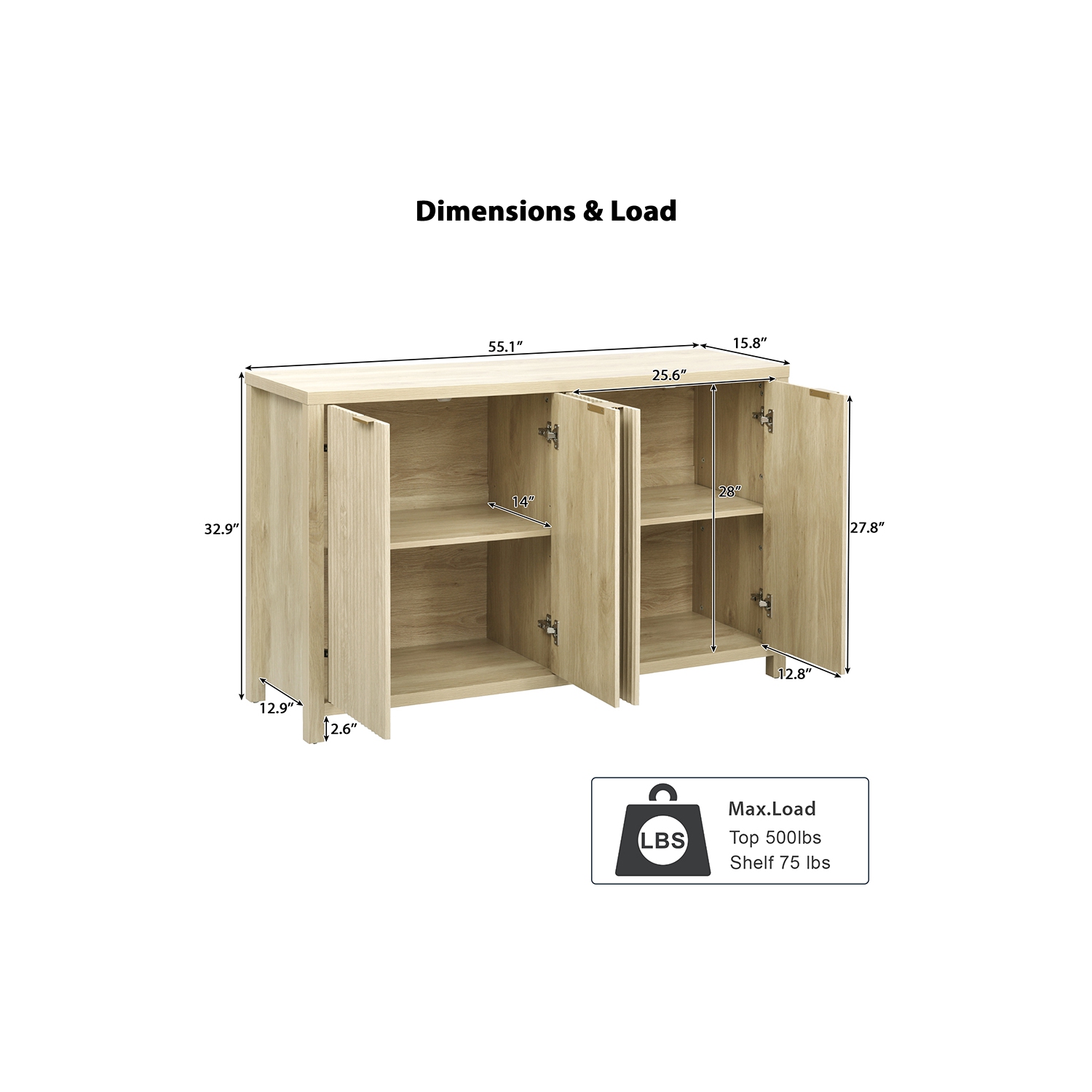 Buffet d'appoint cannelé de 55&nbsp;po avec rangement, 4 portes et tablettes ajustables Kepooman - Naturel