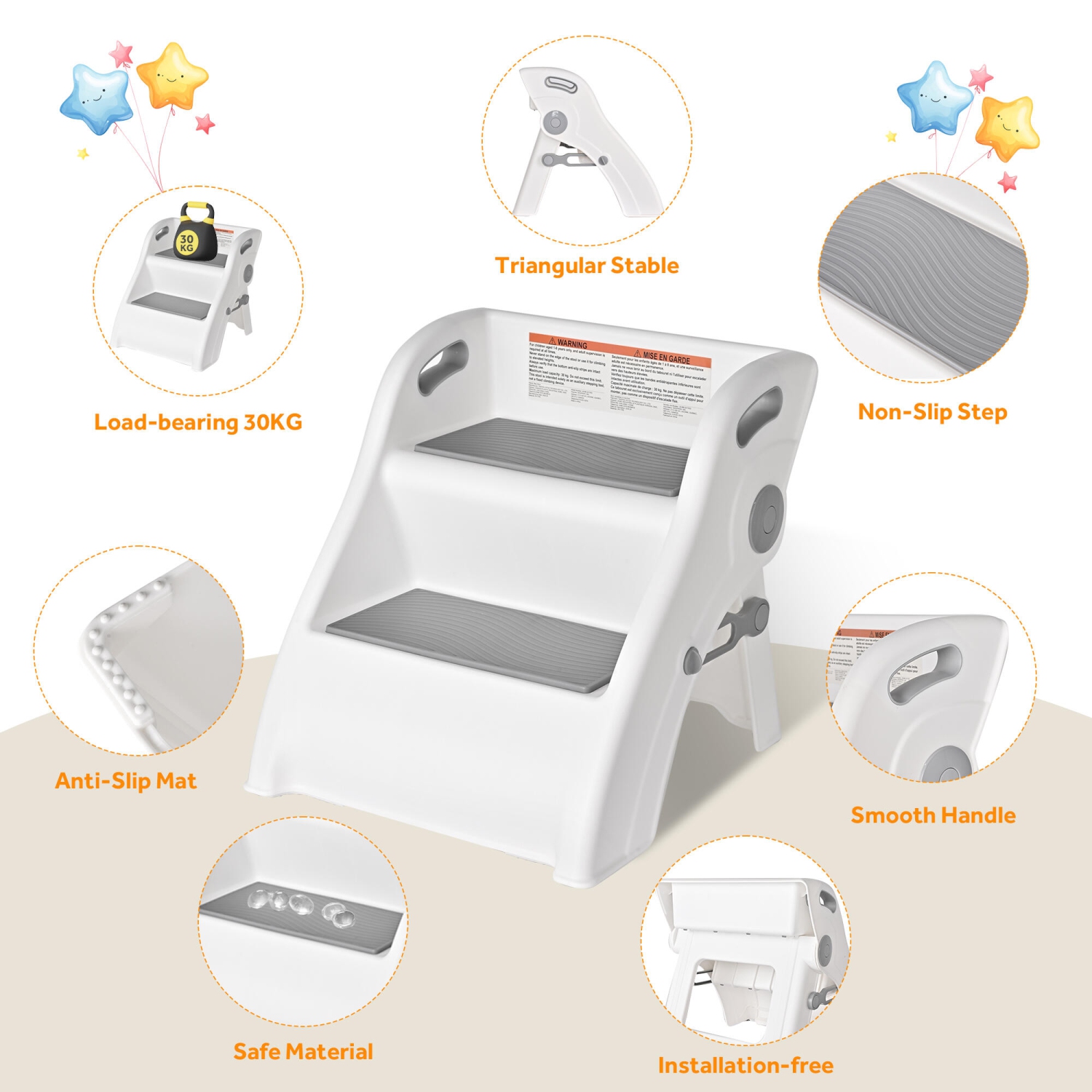 Escabeau pliant pour tout-petits avec poignée, tabouret antidérapant à deux marches Échelle d'entraînement pour enfants pour le pot et l'évier de