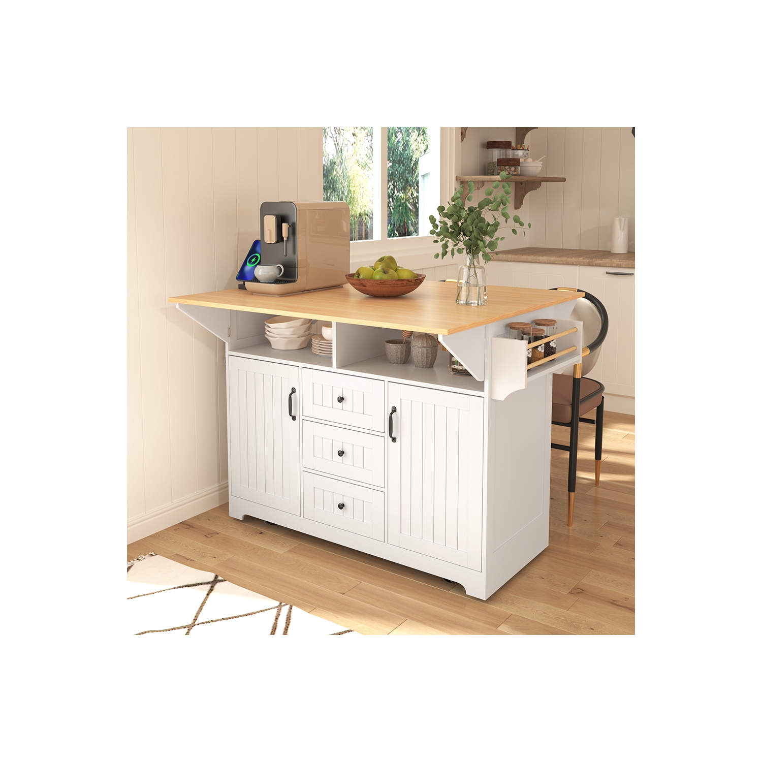 Îlot de cuisine Kepooman 55,7'' avec abattant 2 pour 4-6 places, chariot de cuisine à roulettes sur 5 roulettes avec prise électrique - Blanc