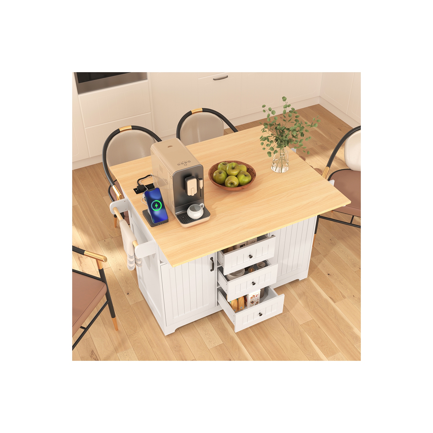 Îlot de cuisine Kepooman 55,7'' avec abattant 2 pour 4-6 places, chariot de cuisine à roulettes sur 5 roulettes avec prise électrique - Blanc