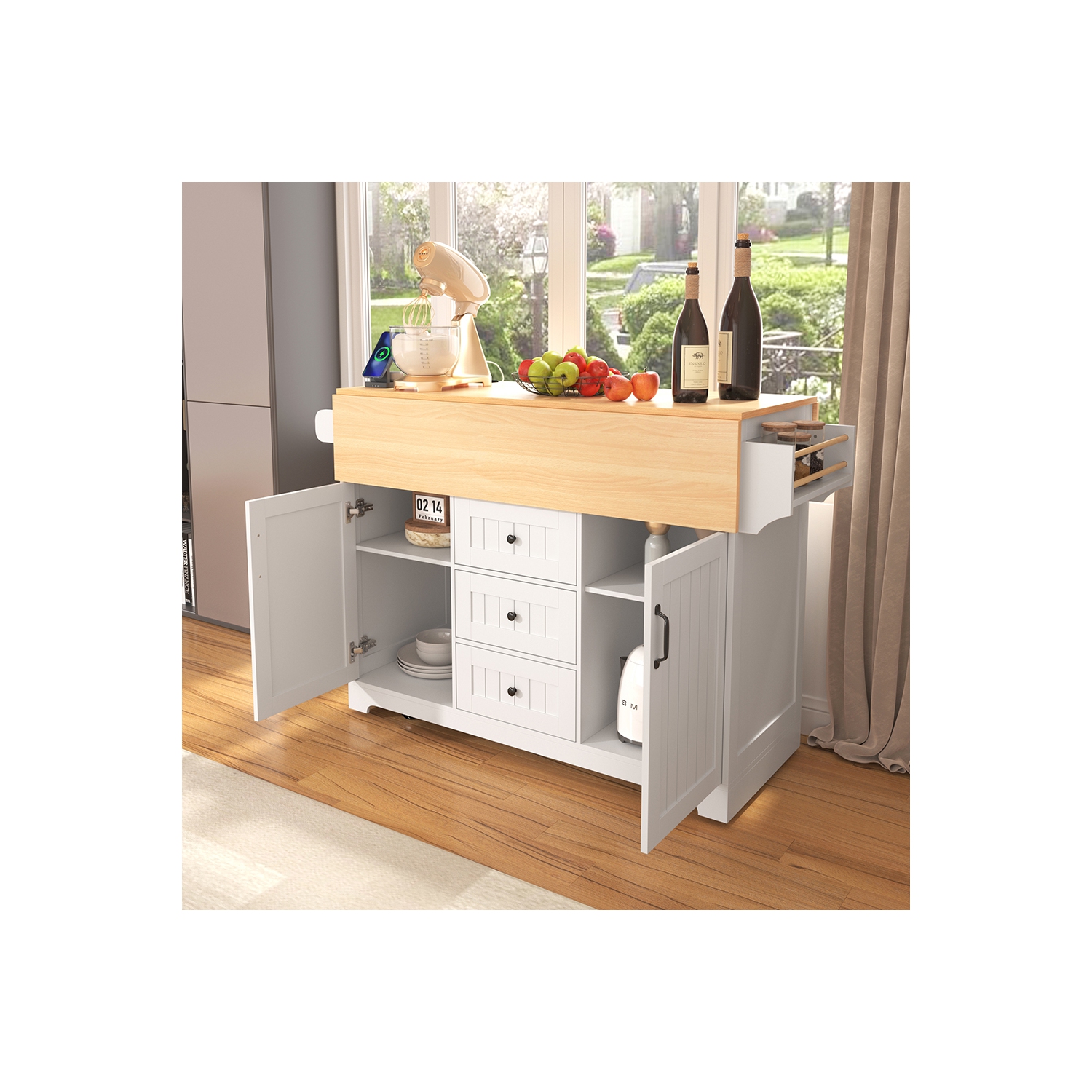 Îlot de cuisine Kepooman 55,7'' avec abattant 2 pour 4-6 places, chariot de cuisine à roulettes sur 5 roulettes avec prise électrique - Blanc