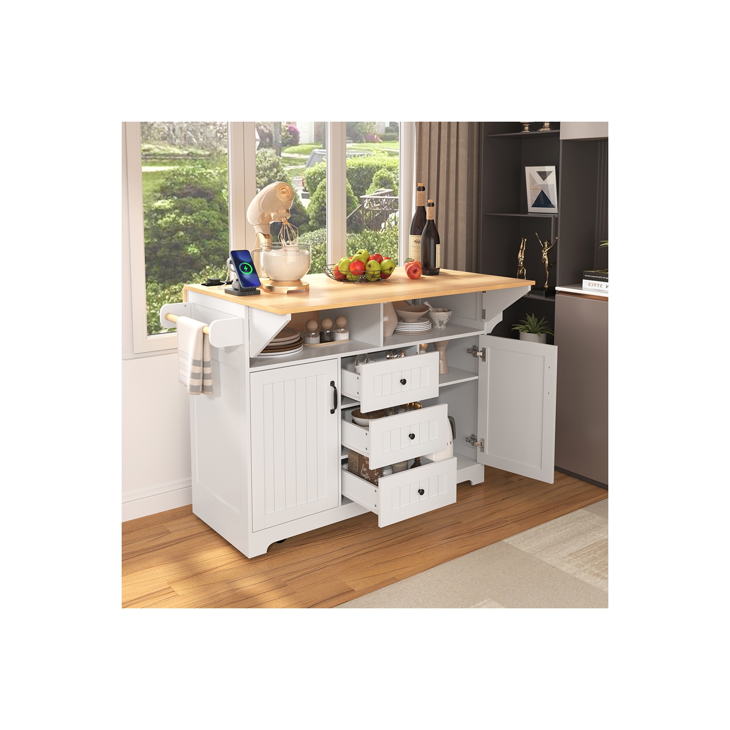 Îlot de cuisine Kepooman 55,7'' avec abattant 2 pour 4-6 places, chariot de cuisine à roulettes sur 5 roulettes avec prise électrique - Blanc