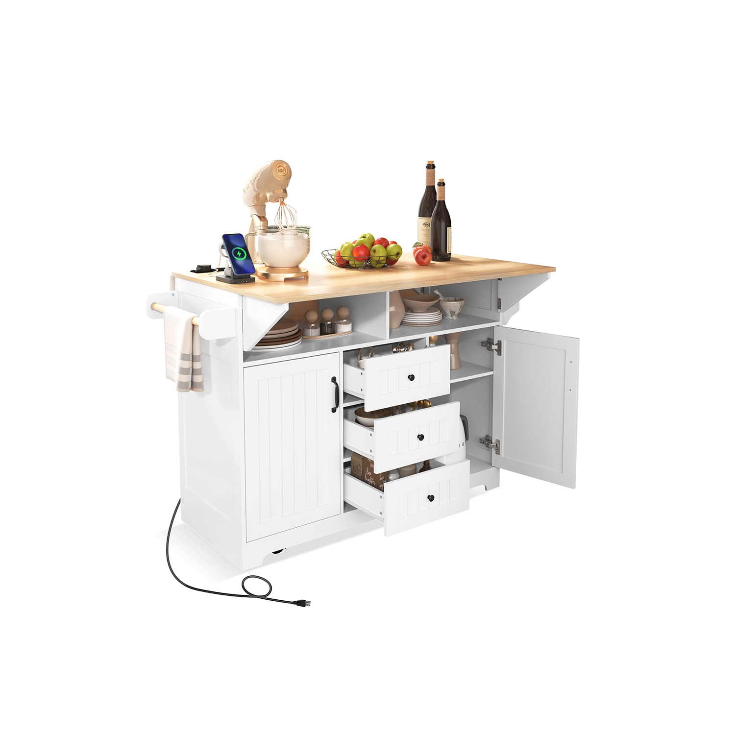 Îlot de cuisine Kepooman 55,7'' avec abattant 2 pour 4-6 places, chariot de cuisine à roulettes sur 5 roulettes avec prise électrique - Blanc